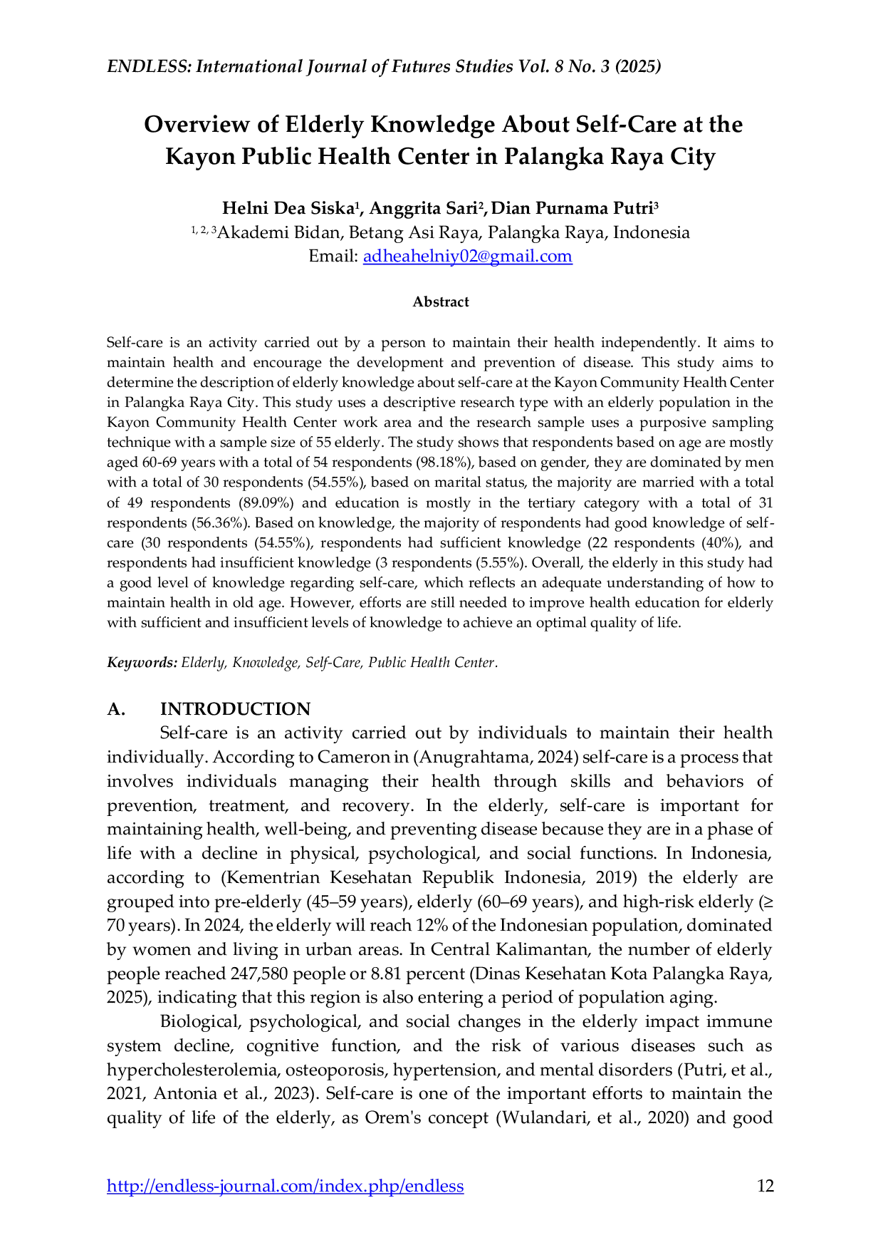 JURIS Overview of Elderly Knowledge About Self Care at the Kayon Public Health Center in Palangka Raya City