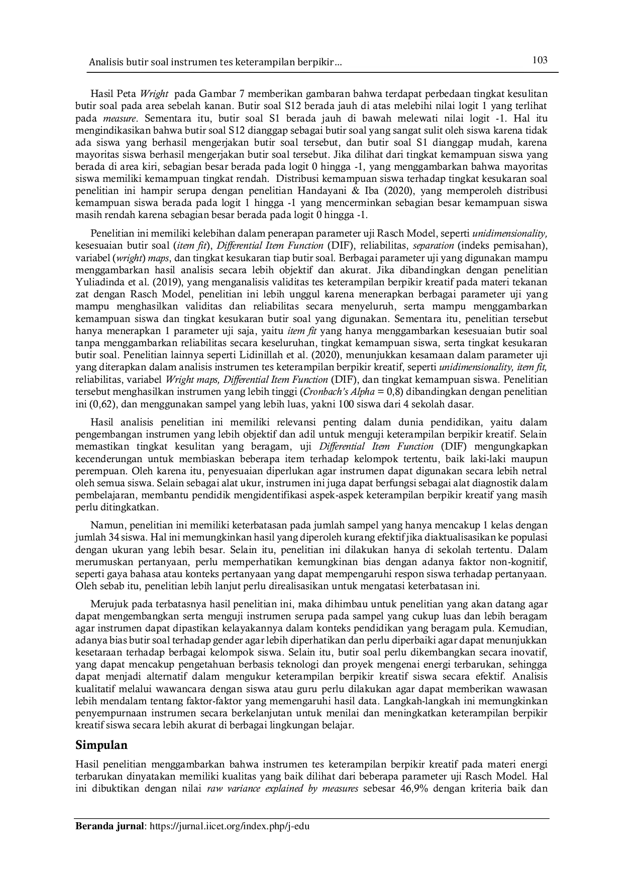 JURIS Analisis butir soal instrumen tes keterampilan berpikir kreatif pada materi energi terbarukan menggunakan rasch model