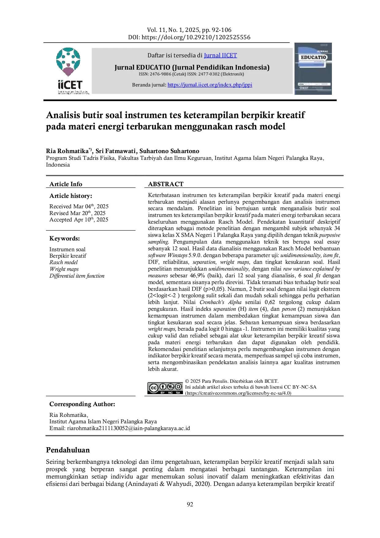 JURIS Analisis butir soal instrumen tes keterampilan berpikir kreatif pada materi energi terbarukan menggunakan rasch model