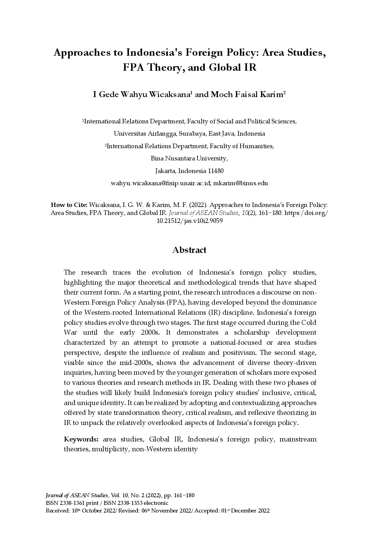 juris Approaches to Indonesia s Foreign Policy Area Studies FPA Theory and Global IR