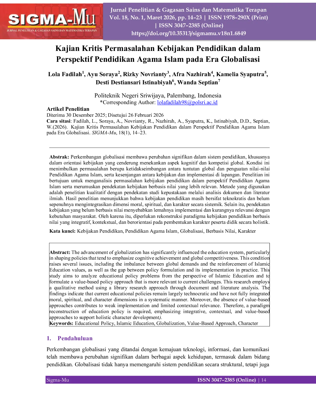 JURIS Kajian Kritis Permasalahan Kebijakan Pendidikan dalam Perspektif Pendidikan Agama Islam pada Era Globalisasi