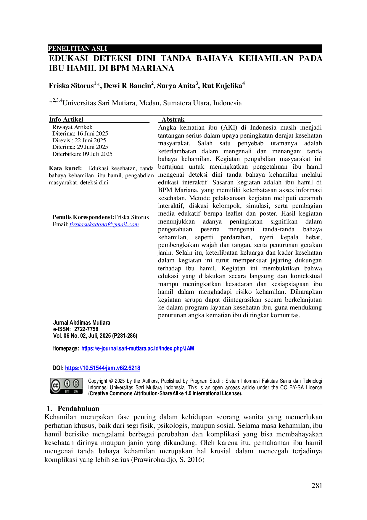 JURIS Edukasi Dini Tanda Bahaya Kehamilan Pada Ibu Hamil di BPM Mariana
