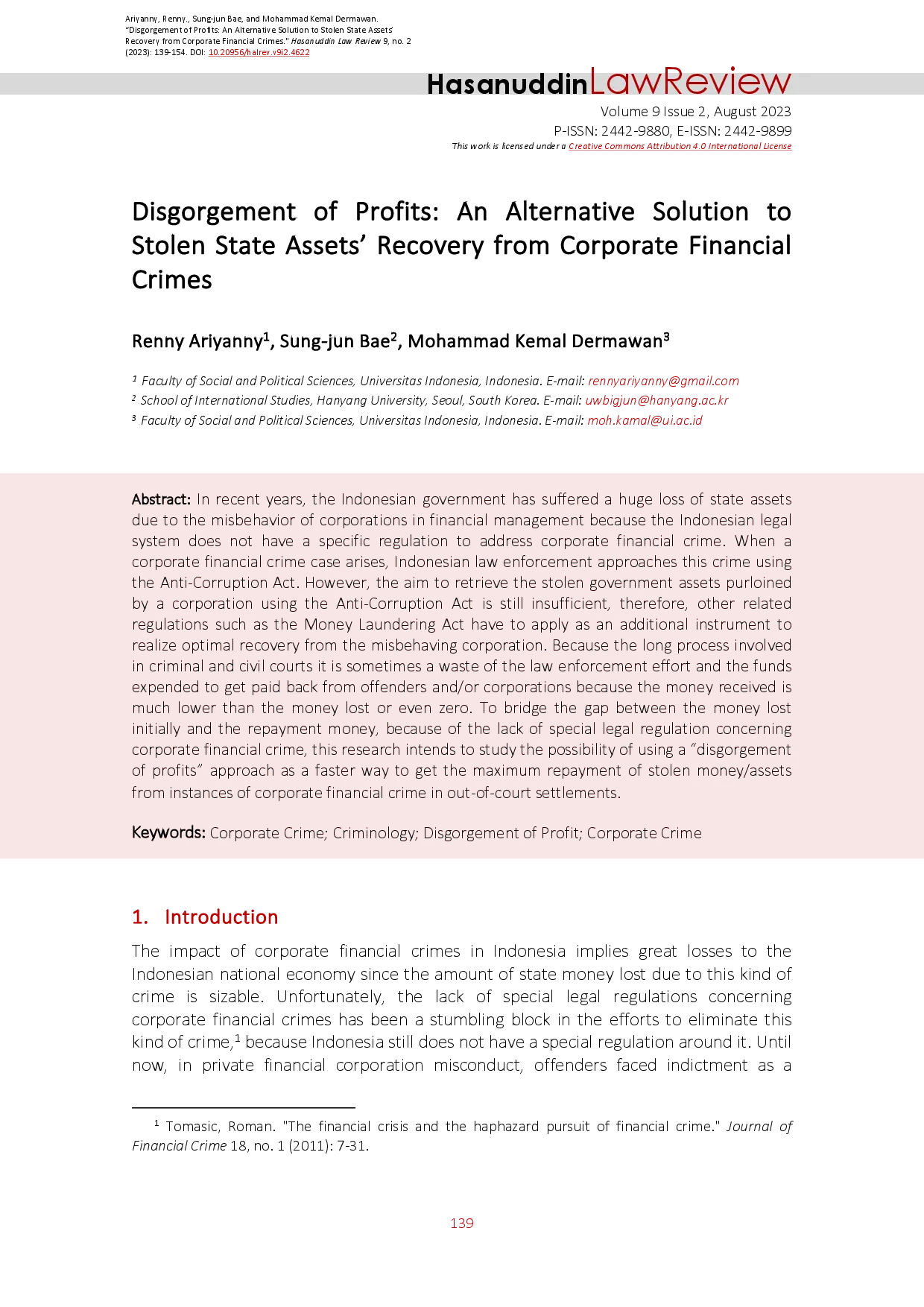 juris Disgorgement of Profits An Alternative Solution to Stolen State Assets Recovery from Corporate Financial Crimes