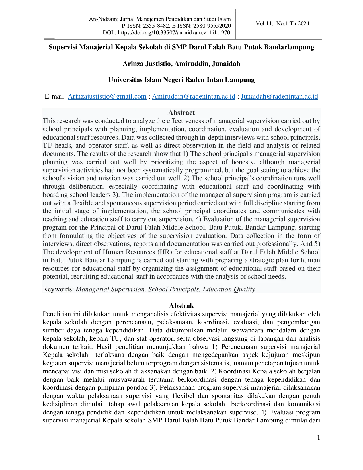 JURIS Supervisi Manajerial Kepala Sekolah di SMP Darul Falah Batu Putuk Bandarlampung