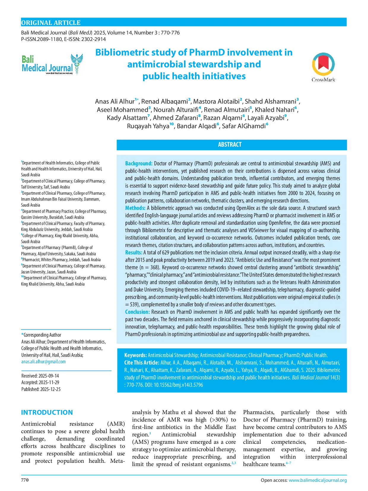 JURIS Bibliometric study of PharmD involvement in antimicrobial stewardship and public health initiatives