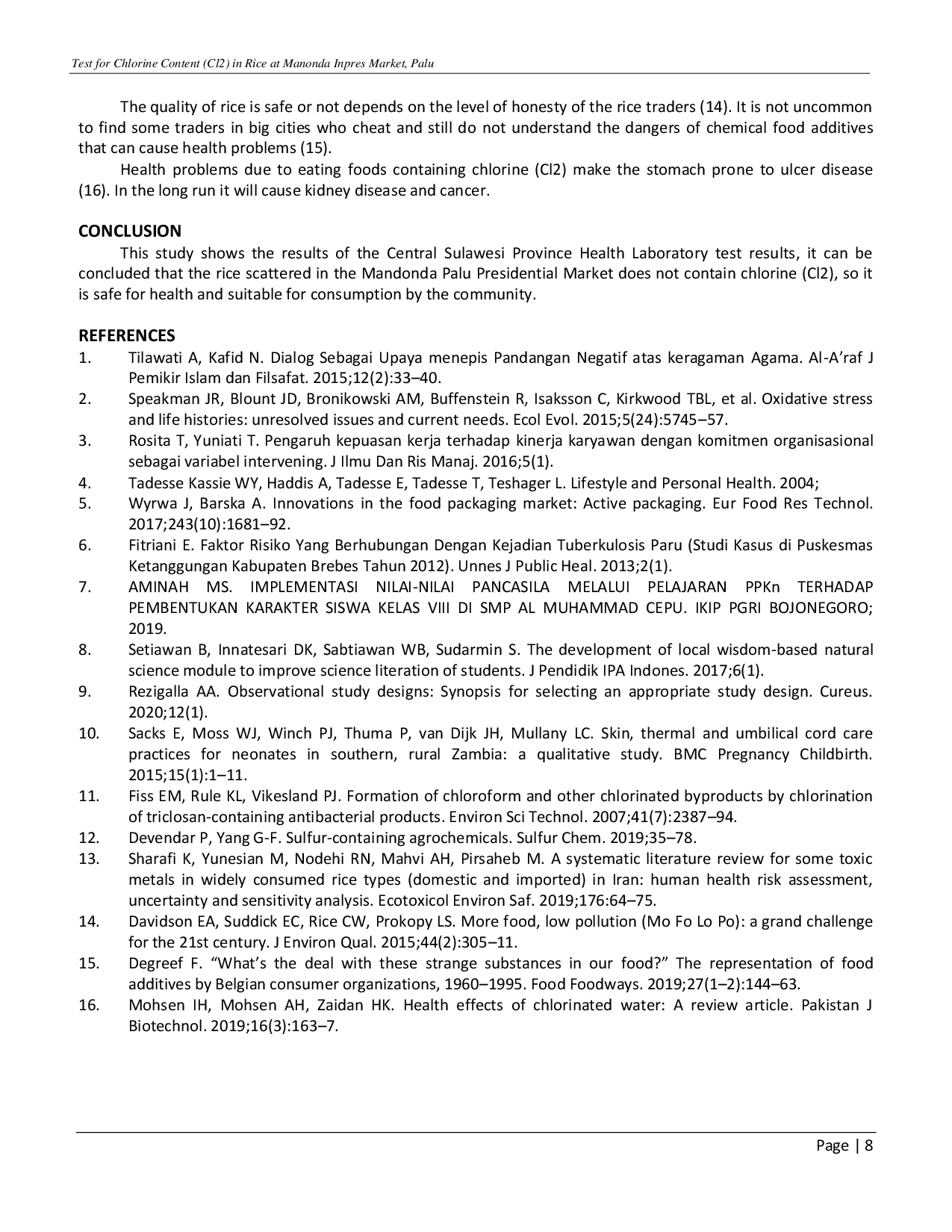 juris Test for Chlorine Content Cl2 in Rice at Manonda Inpres Market Palu
