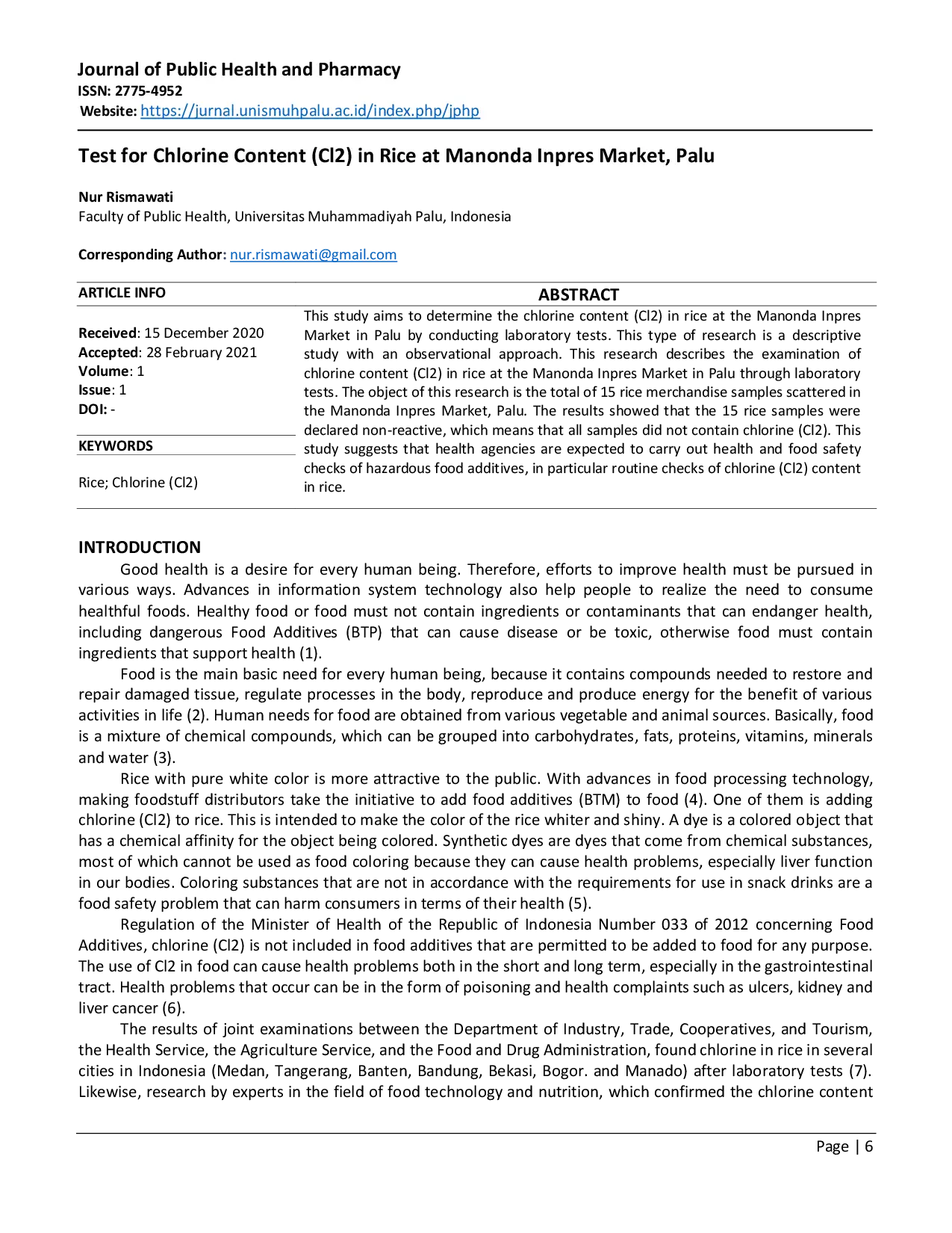 juris Test for Chlorine Content Cl2 in Rice at Manonda Inpres Market Palu