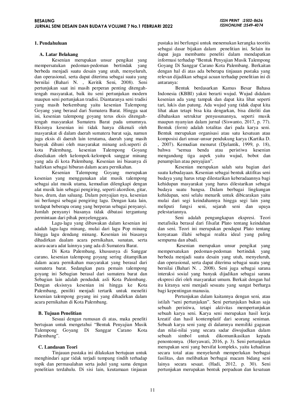 JURIS Bentuk Penyajian Musik Talempong Goyang di Sanggar Carano Kota Palembang