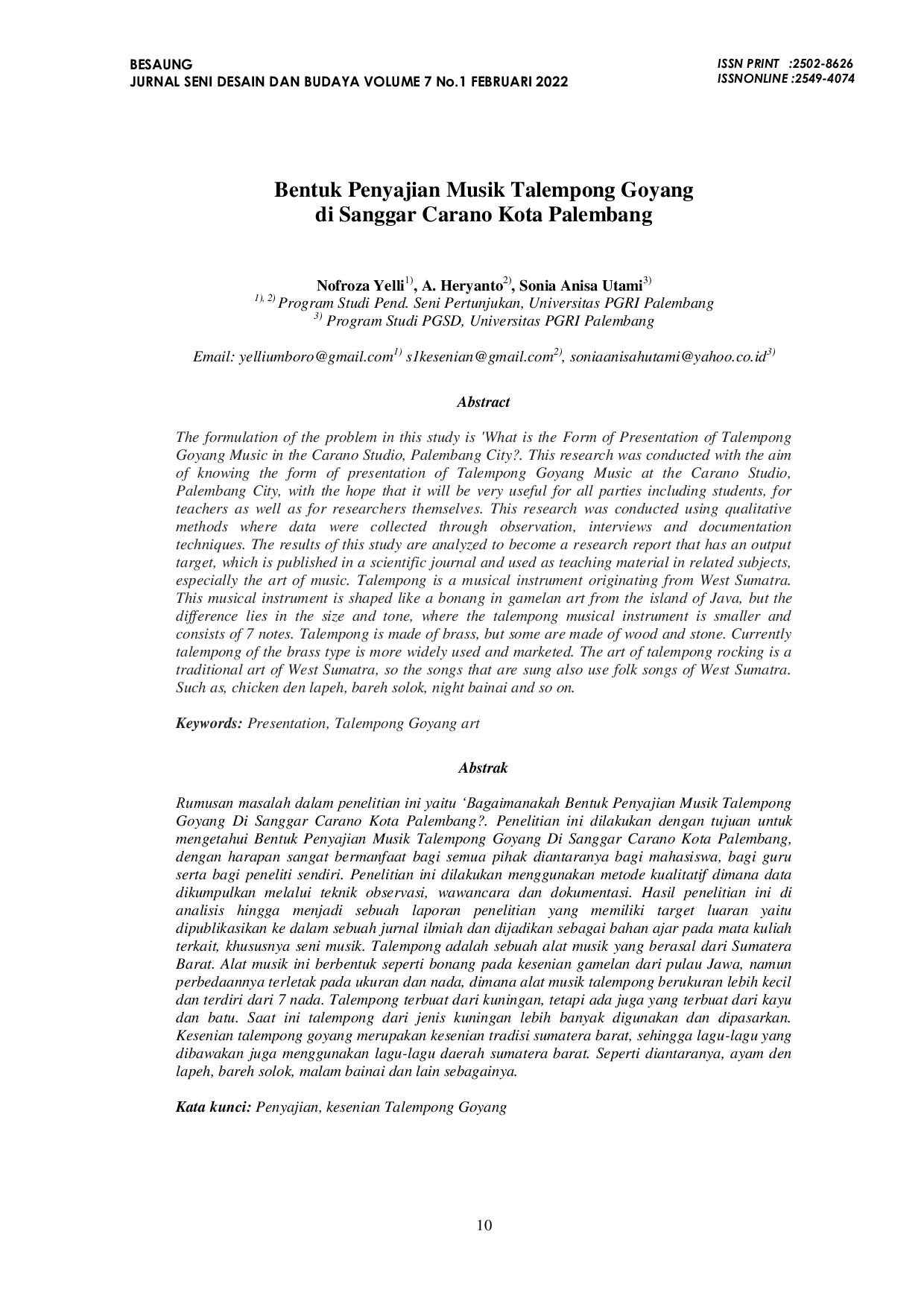 JURIS Bentuk Penyajian Musik Talempong Goyang di Sanggar Carano Kota Palembang