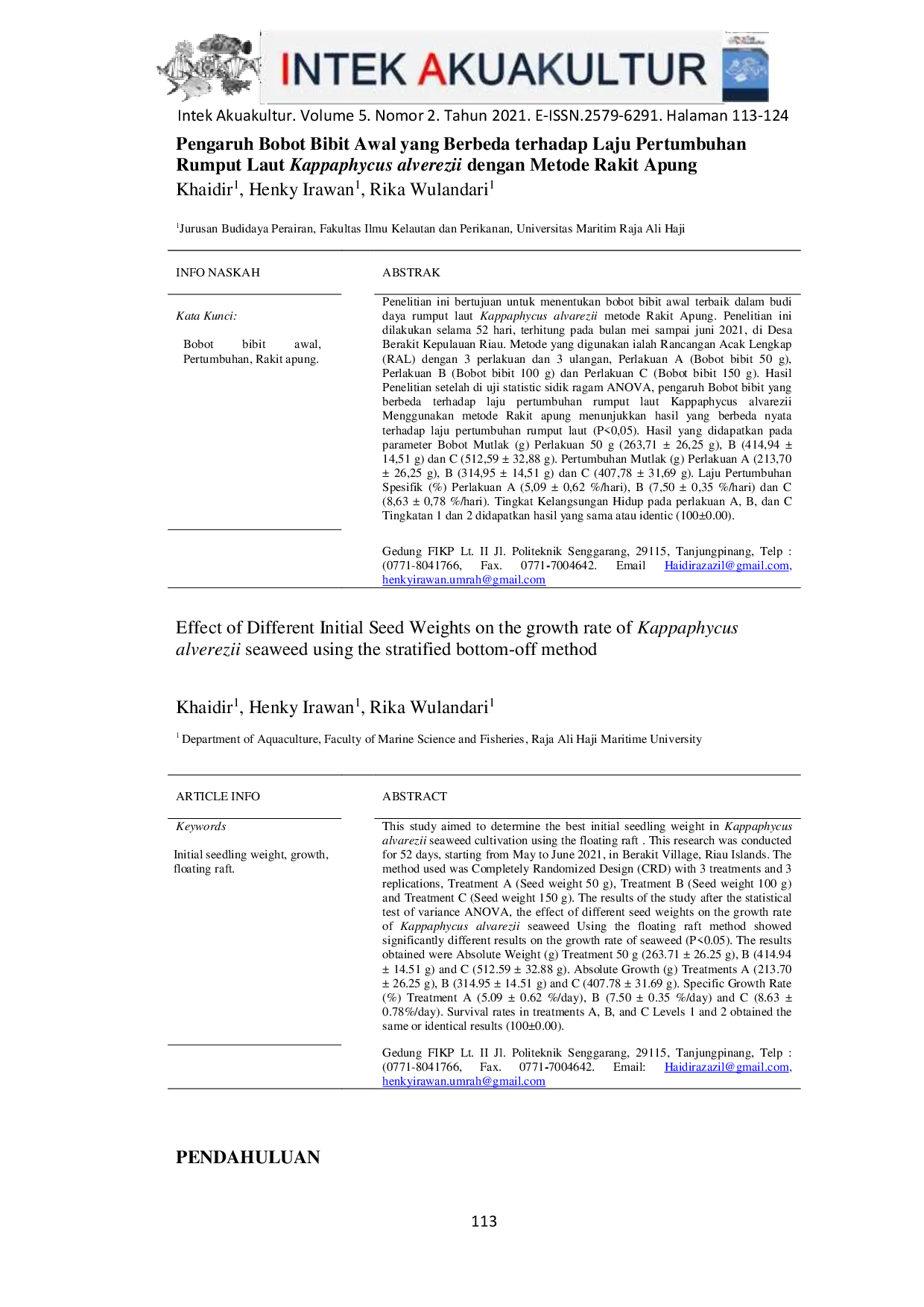 JURIS Effect of Different Initial Seed Weights on the growth rate of Kappaphycus alverezii seaweed using the stratified bottom off method