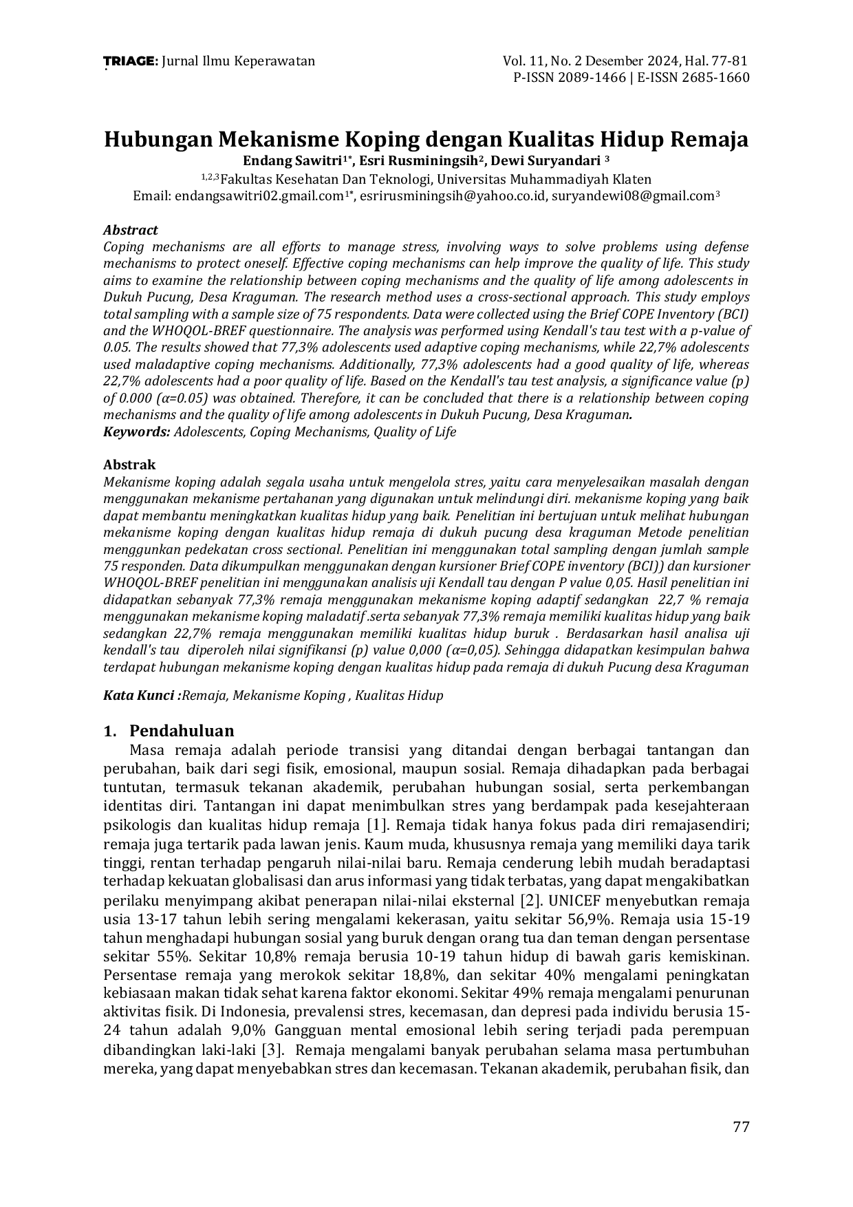 JURIS Hubungan Mekanisme Koping dengan Kualitas Hidup Remaja