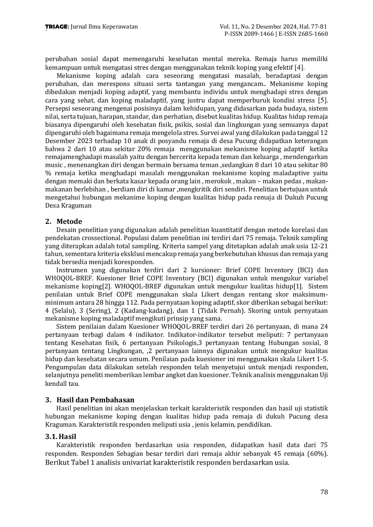 JURIS Hubungan Mekanisme Koping dengan Kualitas Hidup Remaja