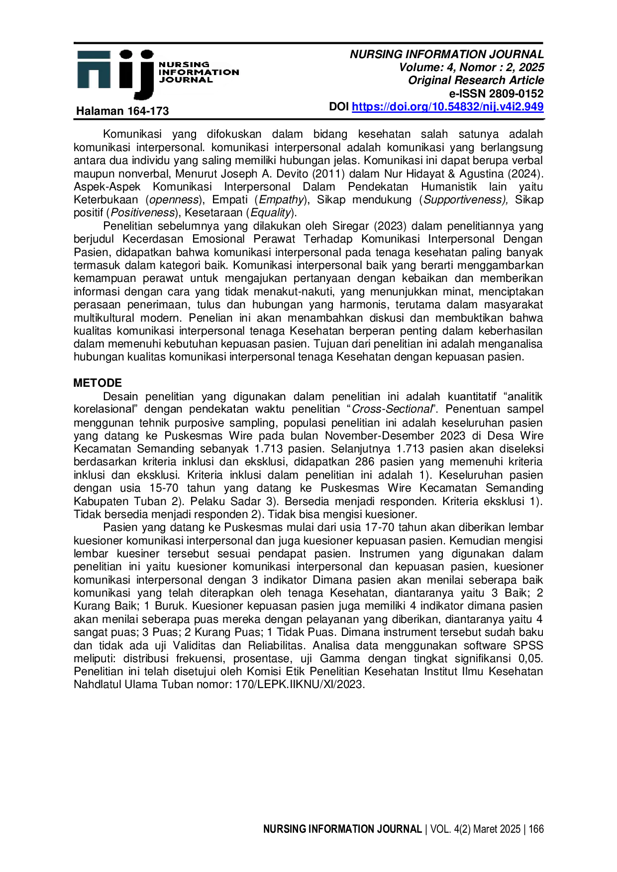 JURIS Hubungan Kualitas Komunikasi Interpersonal Tenaga Kesehatan dengan Kepuasan Pasien