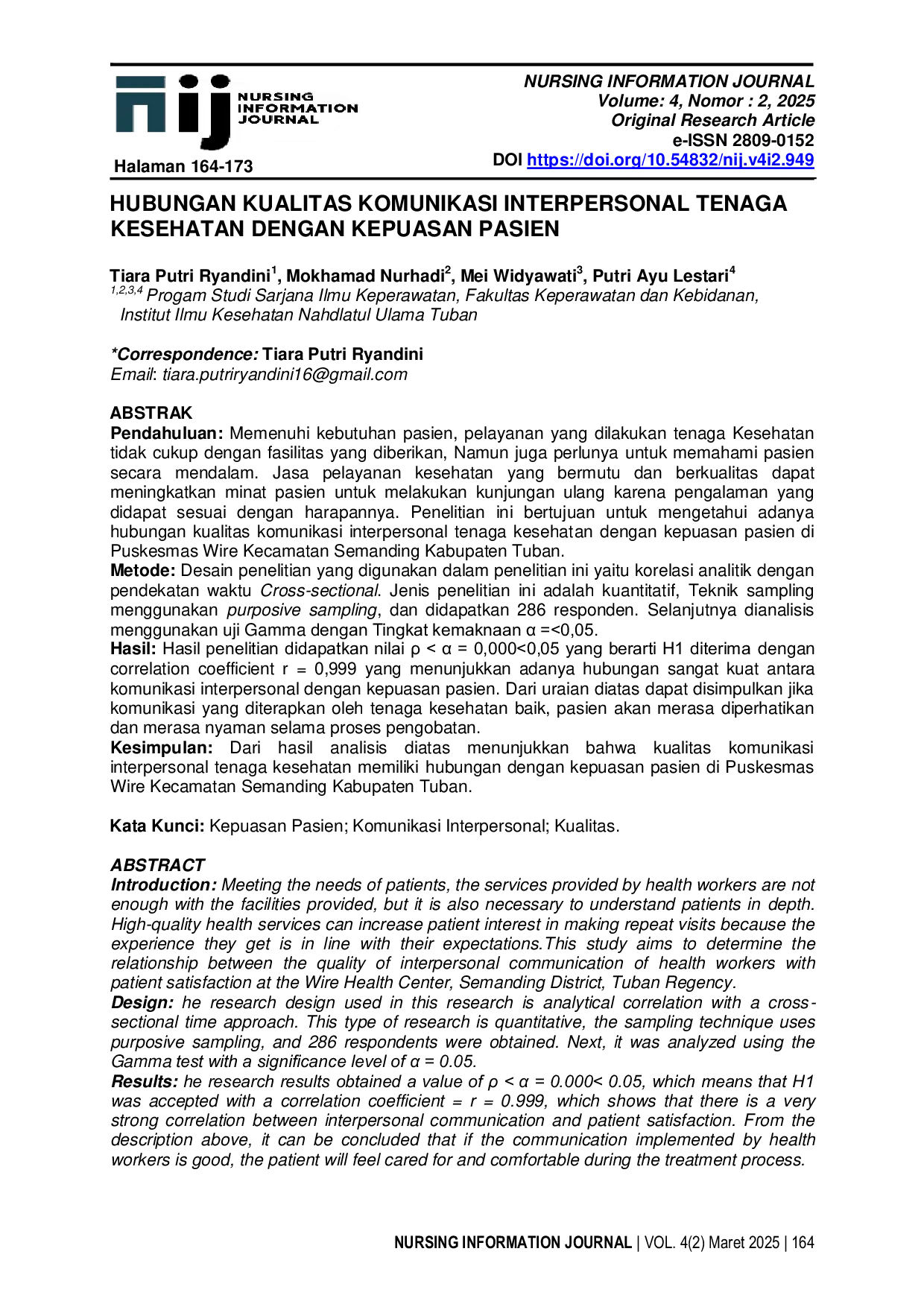 JURIS Hubungan Kualitas Komunikasi Interpersonal Tenaga Kesehatan dengan Kepuasan Pasien