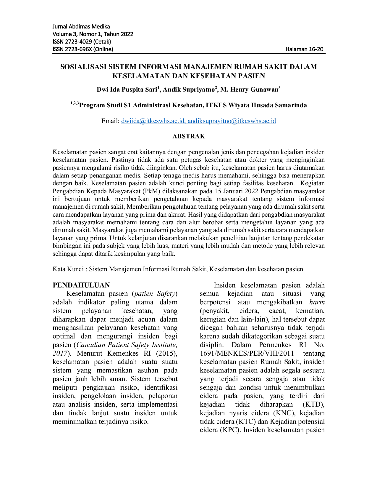 JURIS Sosialisasi Sistem Informasi Manajemen Rumah Sakit Dalam Keselamatan Dan Kesehatan Pasien