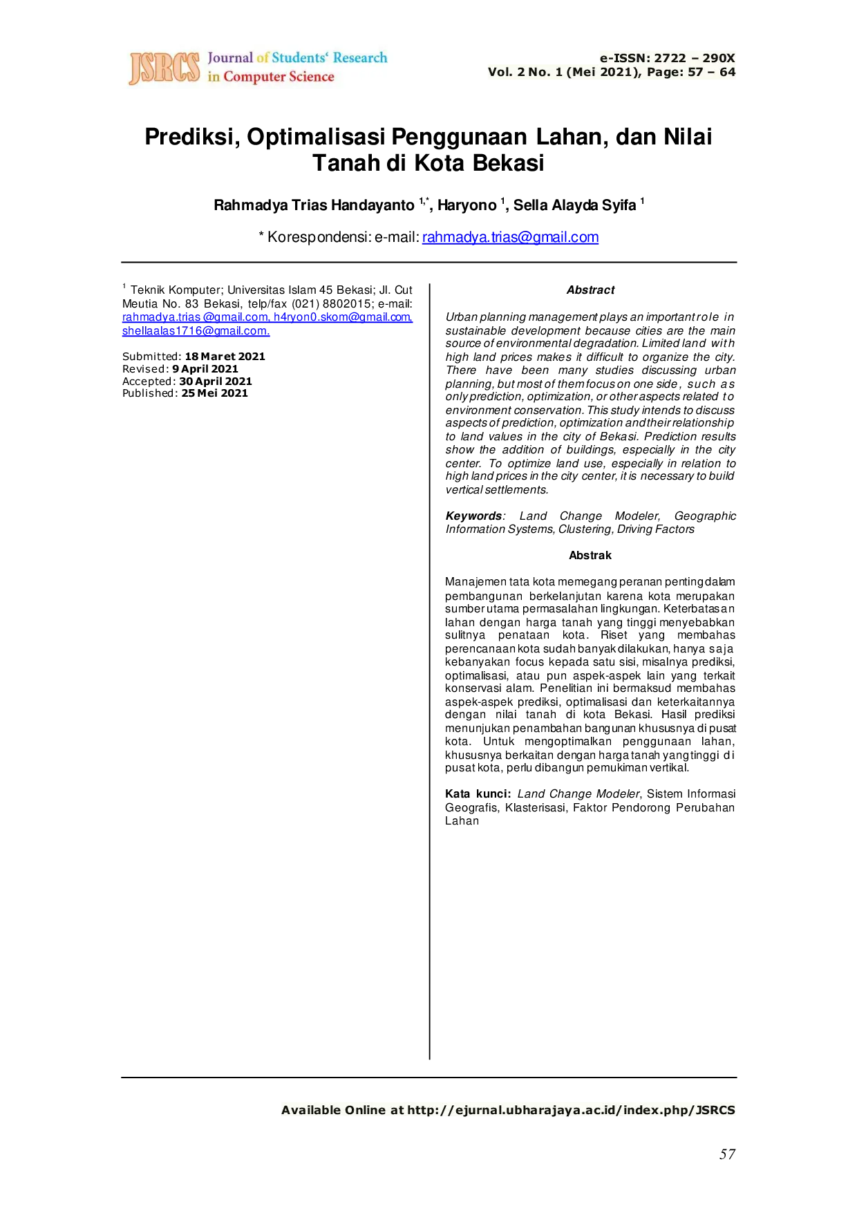 JURIS Prediksi Optimalisasi Penggunaan Lahan dan Nilai Tanah di Kota Bekasi