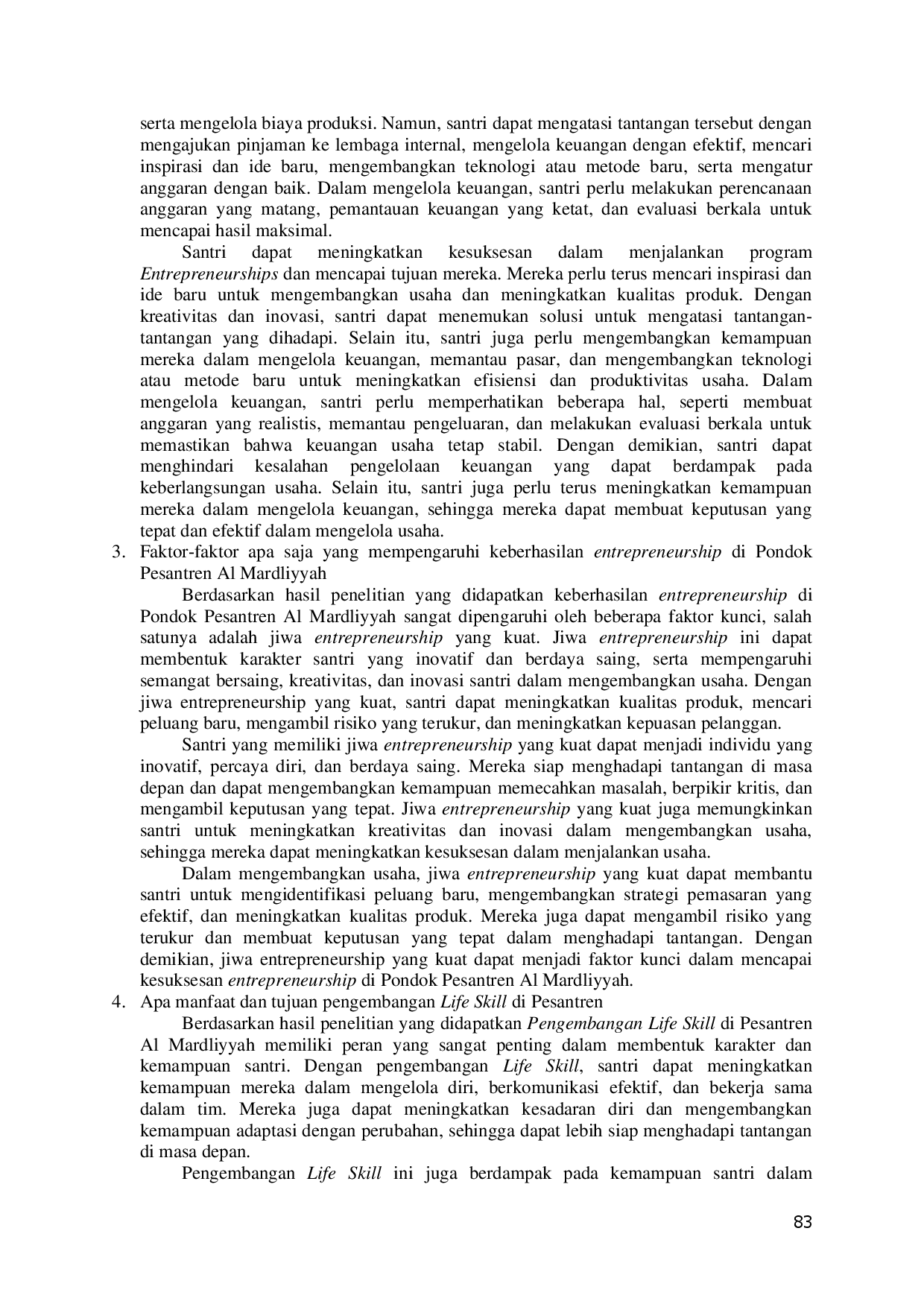 juris Praktik Entrepreneurship Dalam Upaya Mengembangkan Life Skill Santri Di Pondok Pesantren Al Mardliyyah Kota Madiun