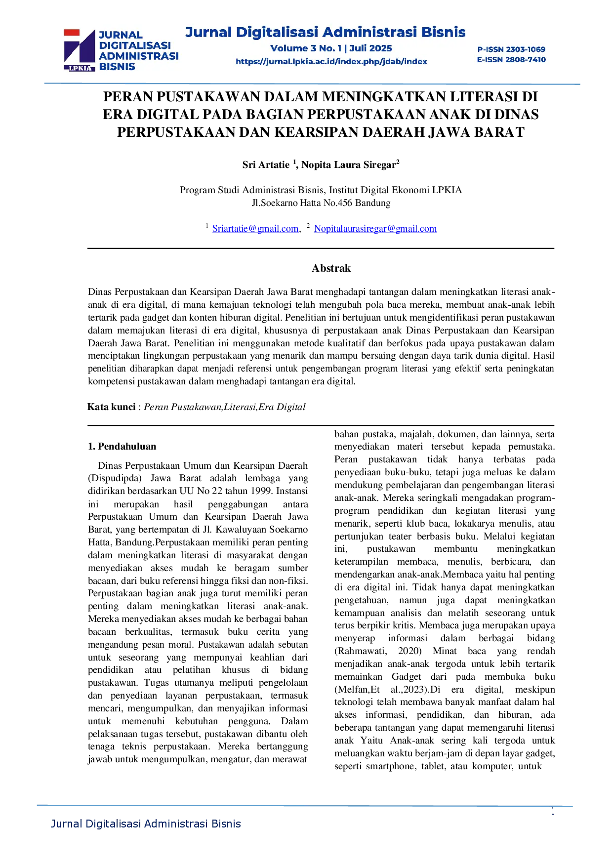 juris Peran Pustakawan Dalam Meningkatkan Literasi Di Era Digital Pada Bagian Perpustakaan Anak Di Dinas Perpustakaan Dan Kearsipan Daerah Jawa Barat