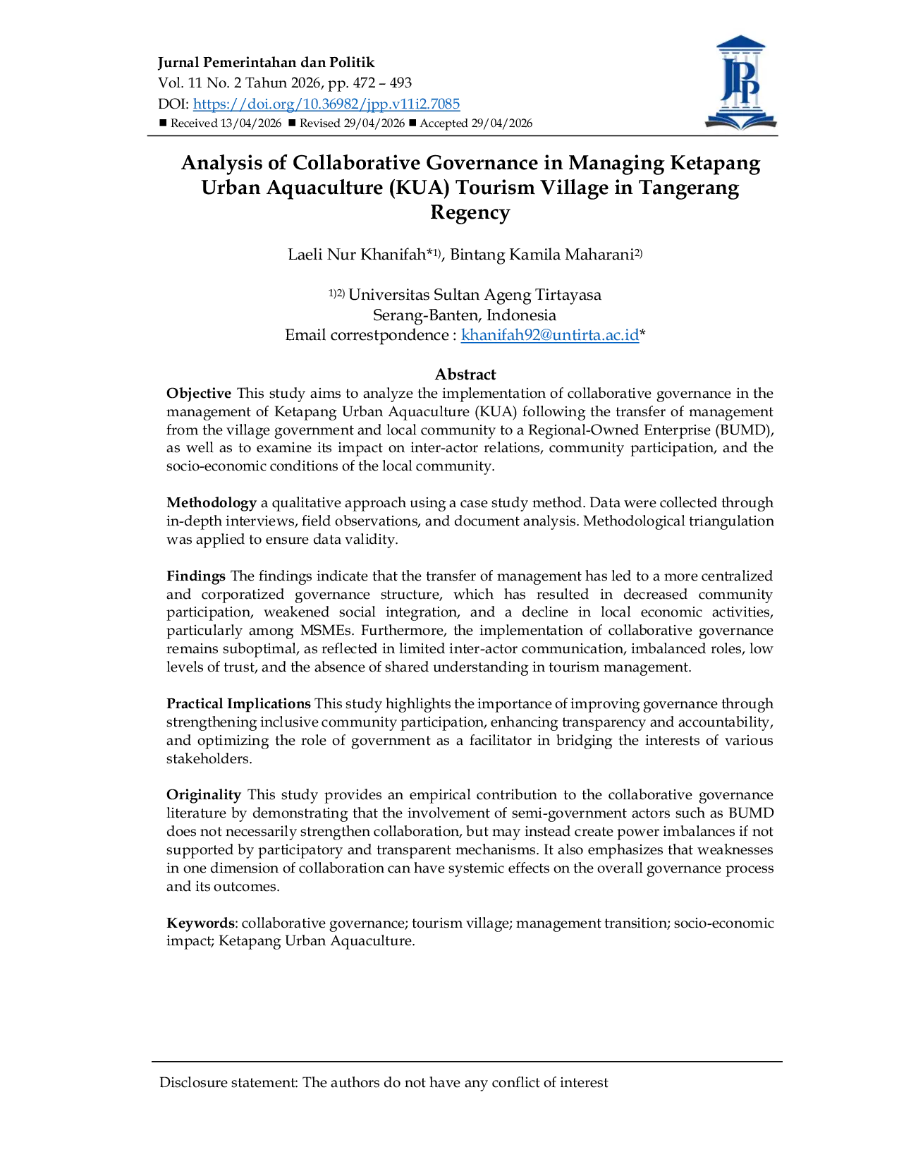 JURIS Analysis of Collaborative Governance in Managing Ketapang Urban Aquaculture KUA Tourism Village in Tangerang Regency Analisis Collaborative Governance dalam Pengelolaan Desa Wisata Ketapang Urban