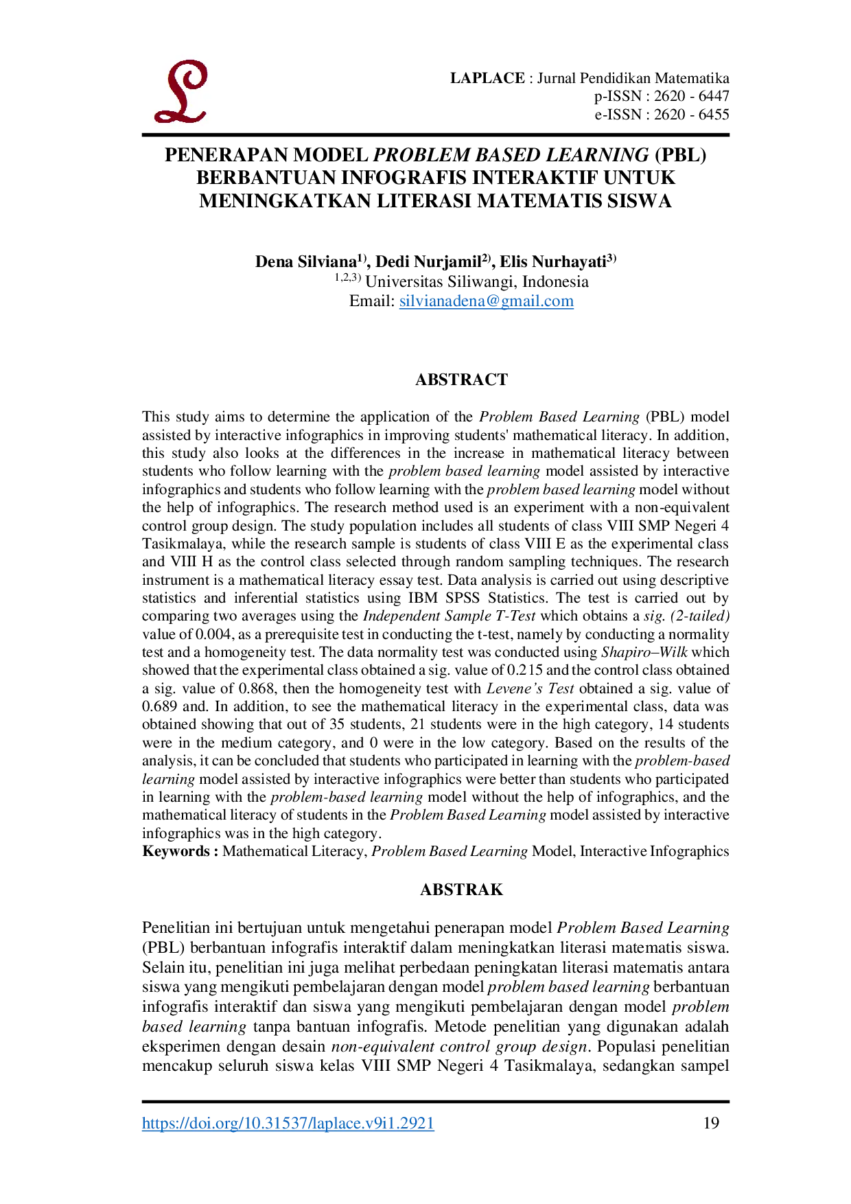 JURIS Penerapan Model Problem Based Learning PBL Berbantuan Infografis Interaktif Untuk Meningkatkan Literasi Matematis Siswa