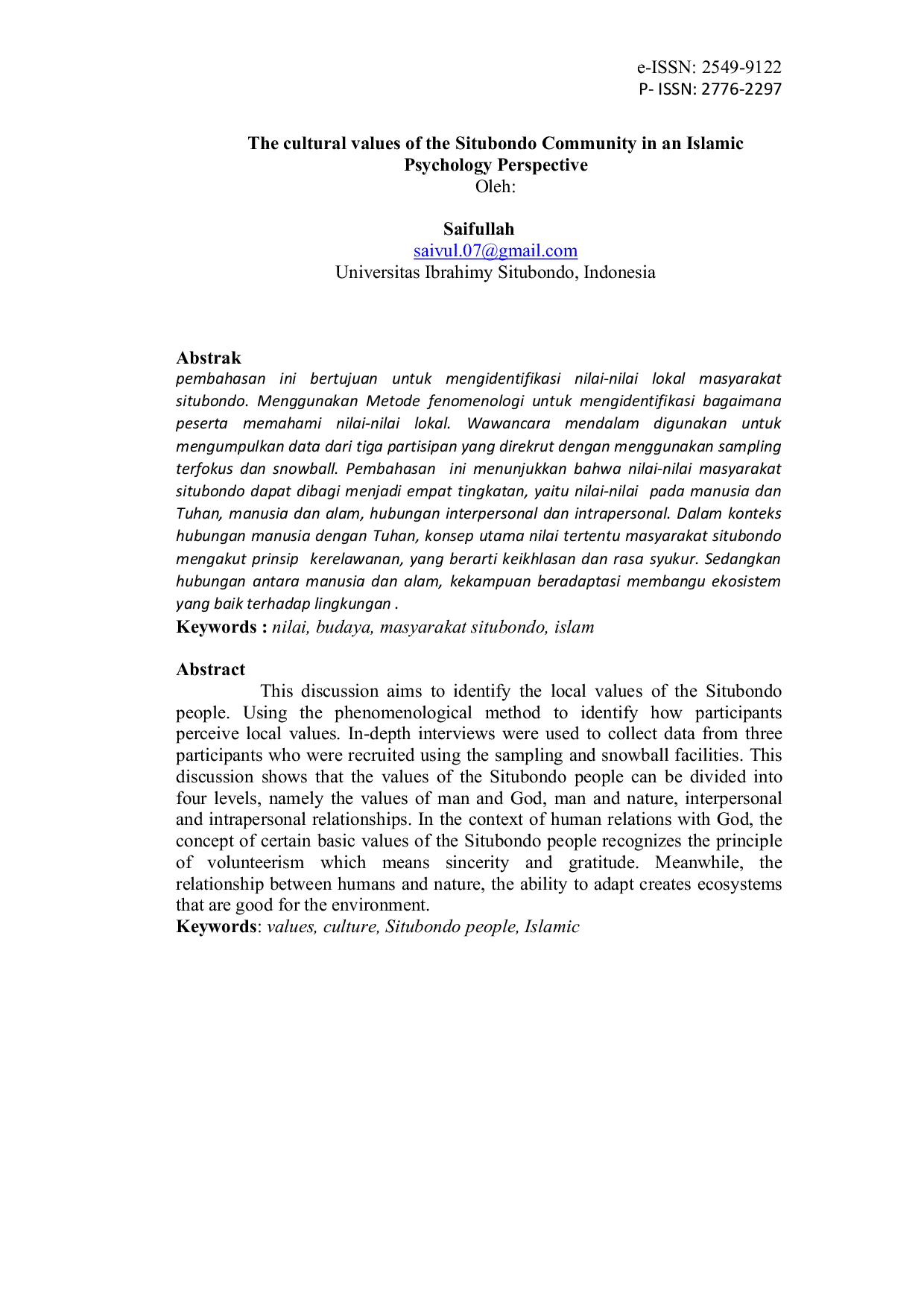JURIS The Cultural Values Of The Situbondo Community In An Islamic Psychology Perspective