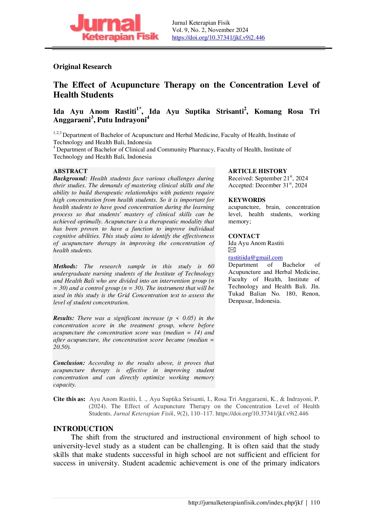 JURIS The Effect of Acupuncture Therapy on the Concentration Level of Health Students