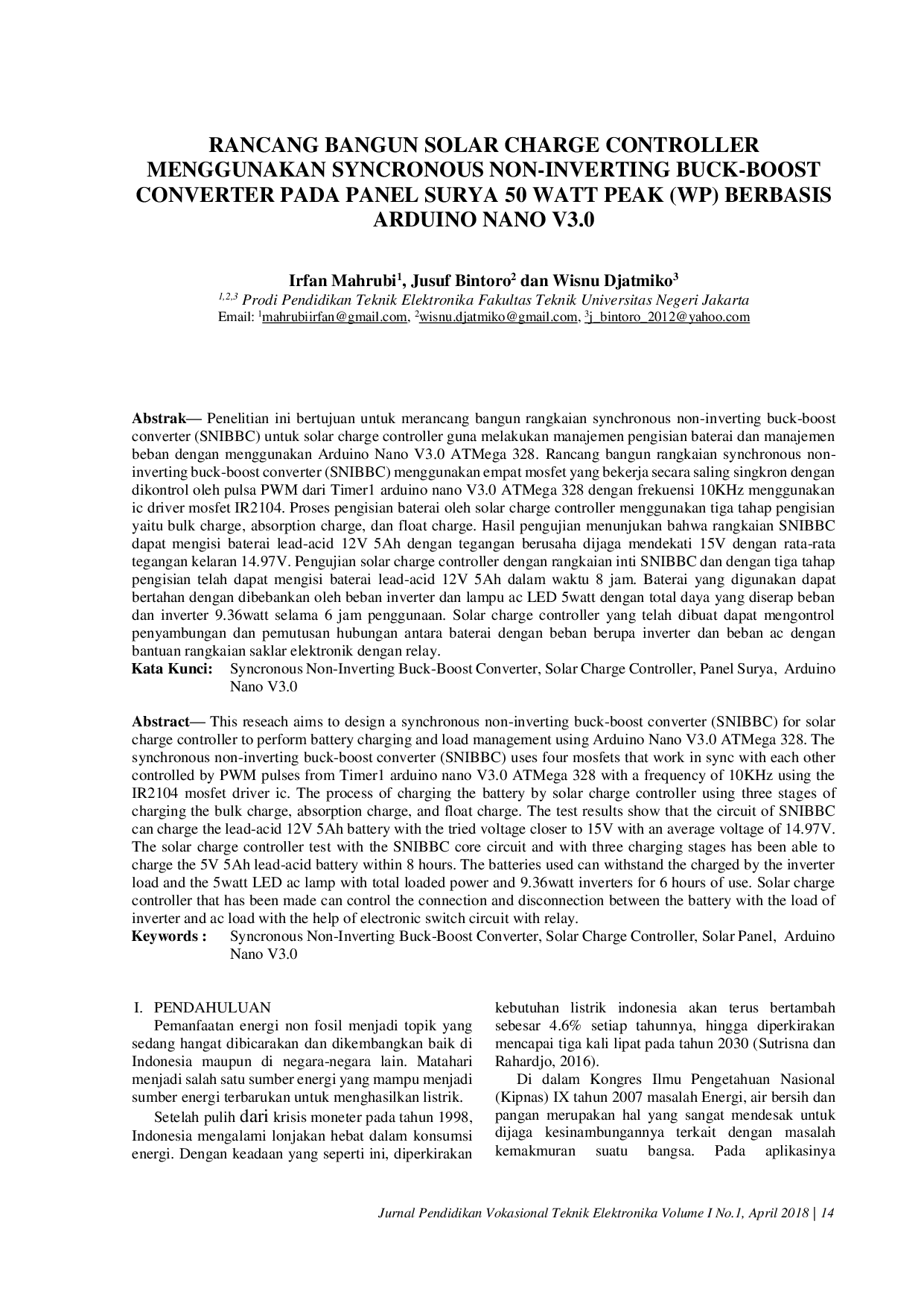 JURIS Rancang Bangun Solar Charge Controller Menggunakan Synchronous Non Inverting Buck Boost Converter Pada Panel Surya 50 Watt Peak WP Berbasis Arduino Nano V3 0