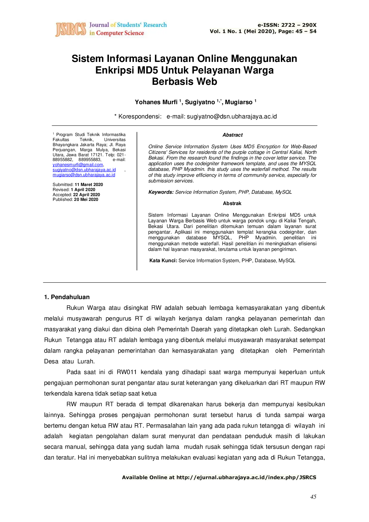JURIS Sistem Informasi Layanan Online Menggunakan Enkripsi MD5 Untuk Pelayanan Warga Berbasis Web