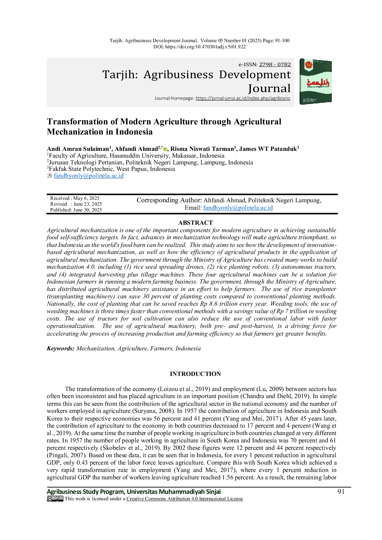 JURIS Transformation of Modern Agriculture through Agricultural Mechanization in Indonesia