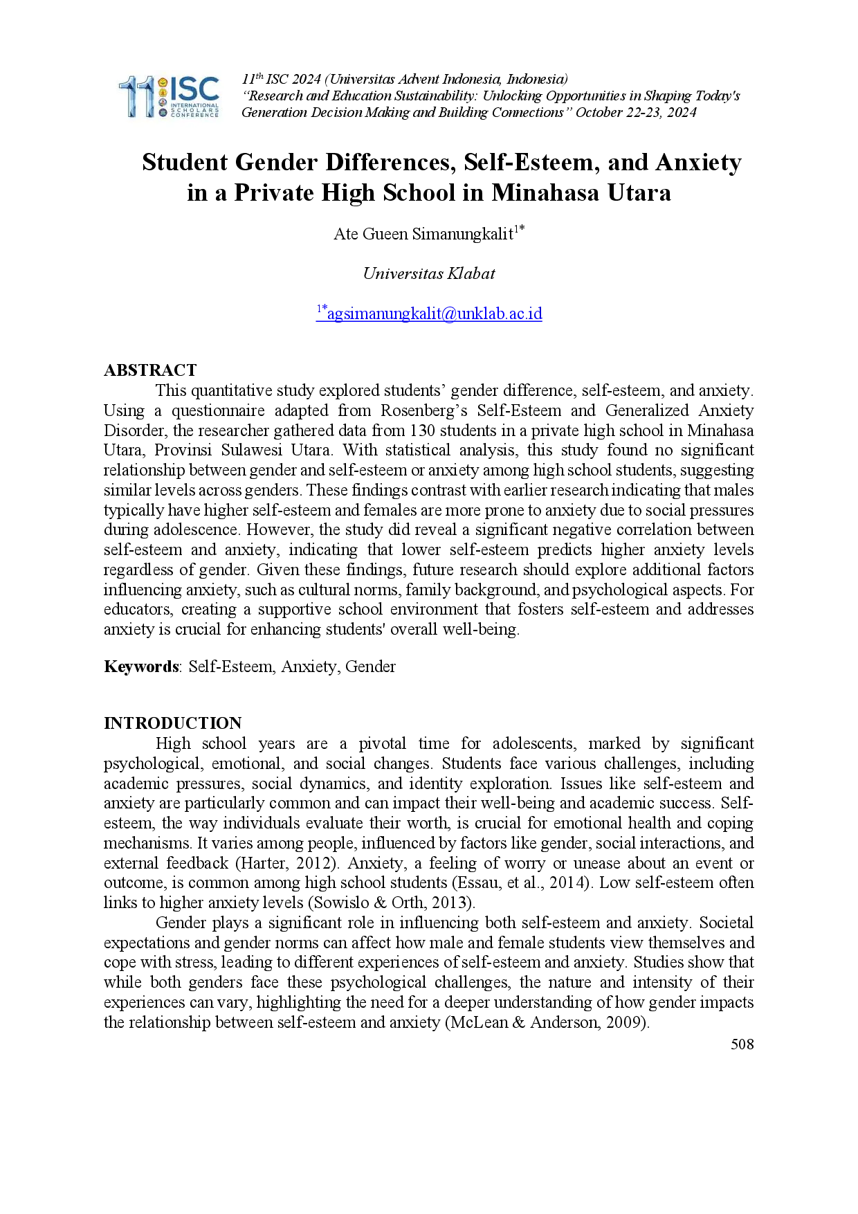 juris Student Gender Differences Self Esteem and Anxiety in a Private High School in Minahasa Utara