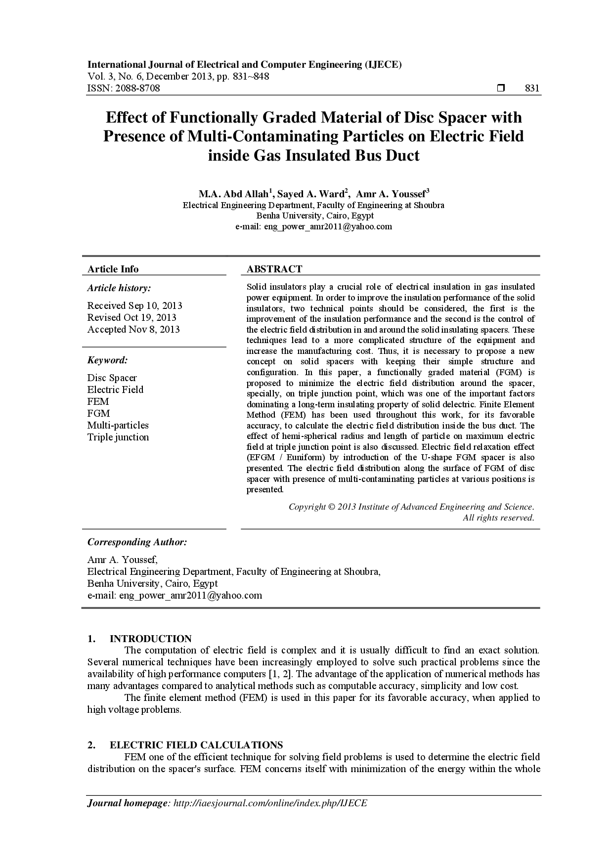 juris Effect of Functionally Graded Material of Disc Spacer with Presence of Multi Contaminating Particles on Electric Field inside Gas Insulated Bus Duct