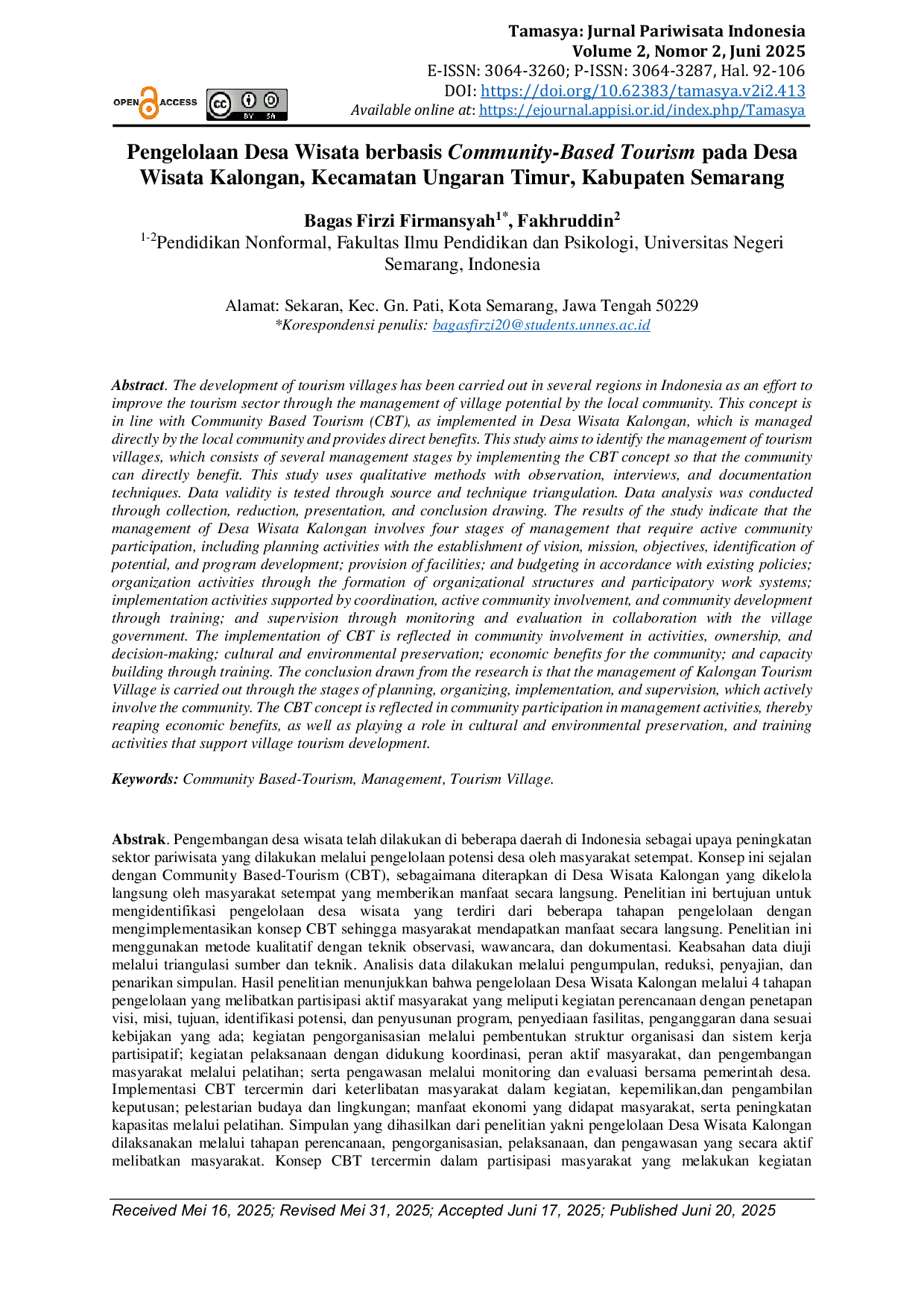 JURIS Pengelolaan Desa Wisata Berbasis Community Based Tourism pada Desa Wisata Kalongan Kecamatan Ungaran Timur Kabupaten Semarang