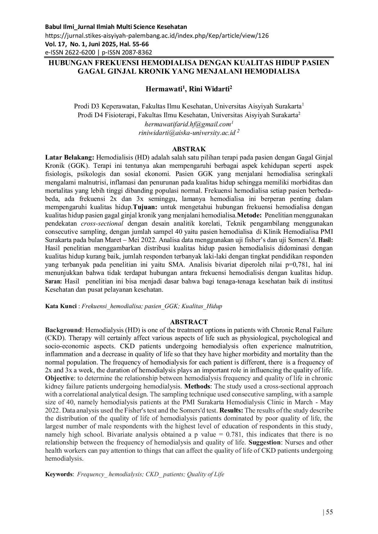 JURIS Hubungan Frekuensi Hemodialisa Dengan Kualitas Hidup Pasien Gagal Ginjal Kronik Yang Menjalani Hemodialisa