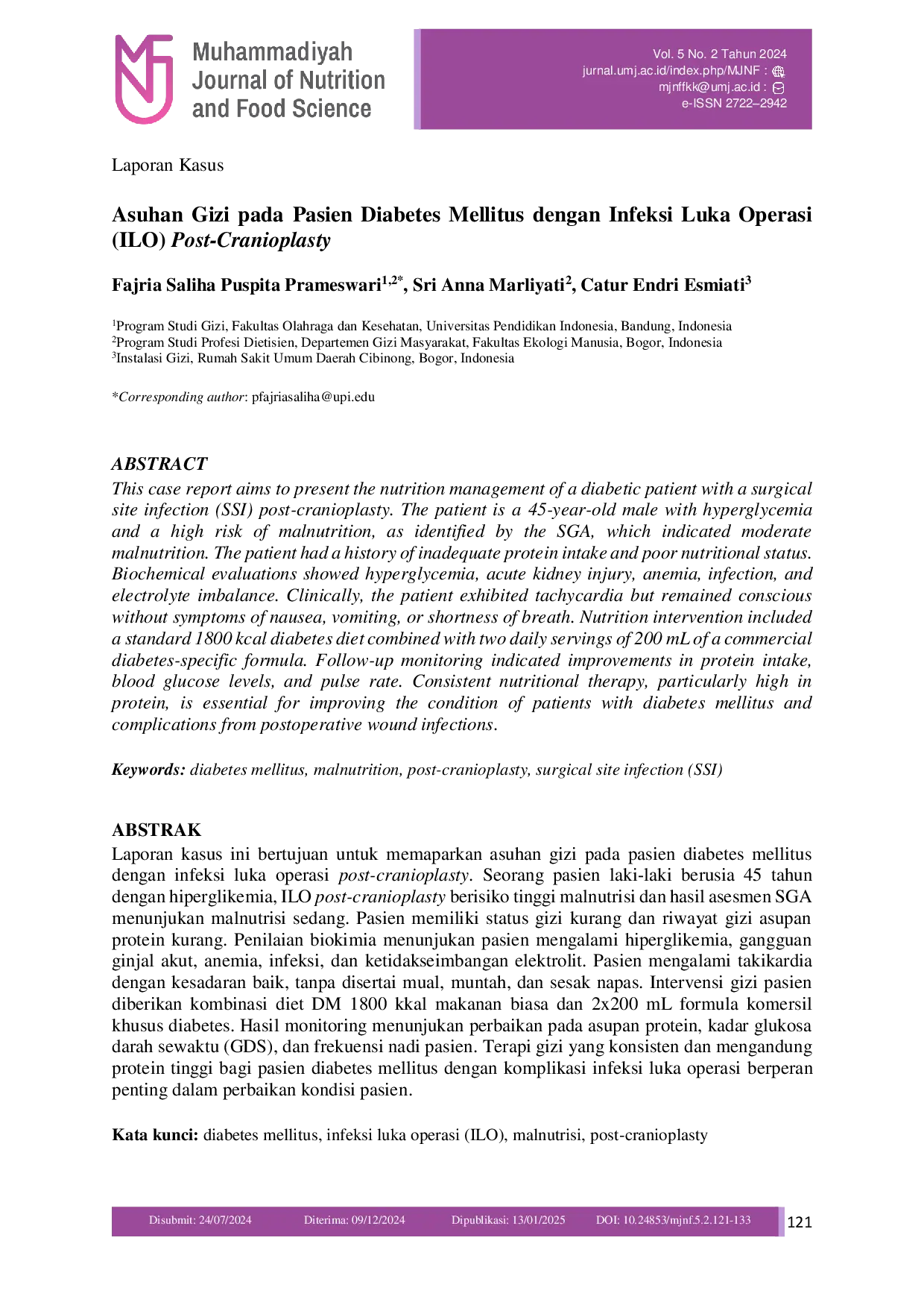 JURIS Asuhan Gizi pada Pasien Diabetes Mellitus dengan Infeksi Luka Operasi ILO Post Cranioplasty