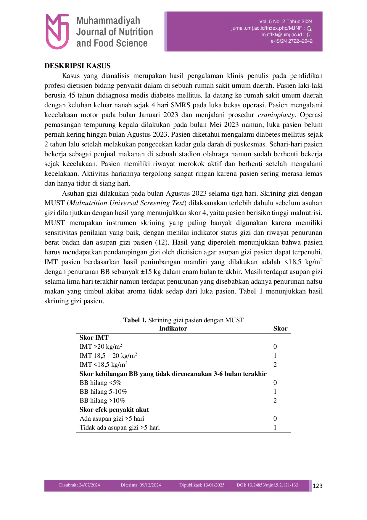 JURIS Asuhan Gizi pada Pasien Diabetes Mellitus dengan Infeksi Luka Operasi ILO Post Cranioplasty