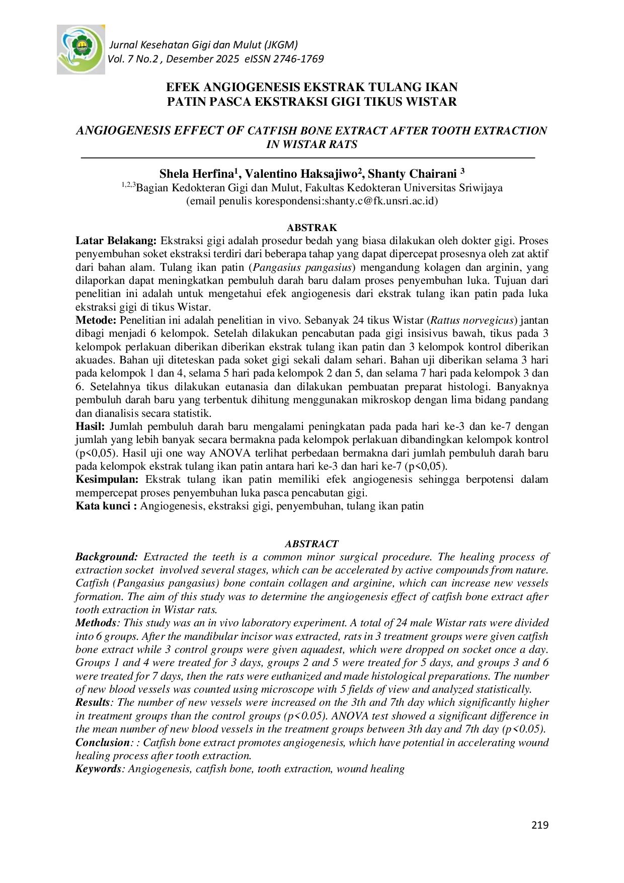 JURIS Efek Angiogenesis Ekstrak Tulang Ikan Patin Pasca Ekstraksi Gigi Tikus Wistar