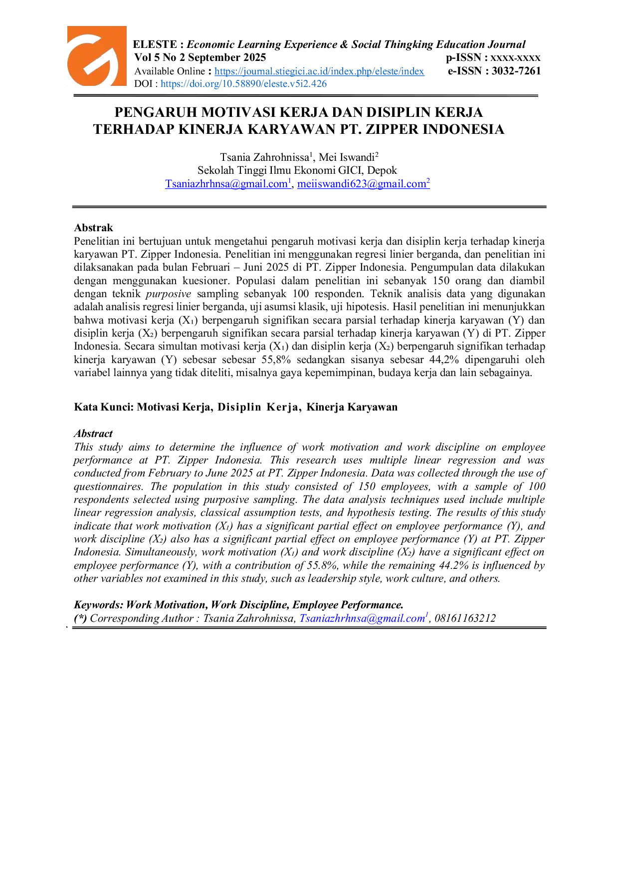 JURIS Pengaruh Motivasi Kerja dan Disiplin Kerja terhadap Kinerja Karyawan PT Zipper Indonesia