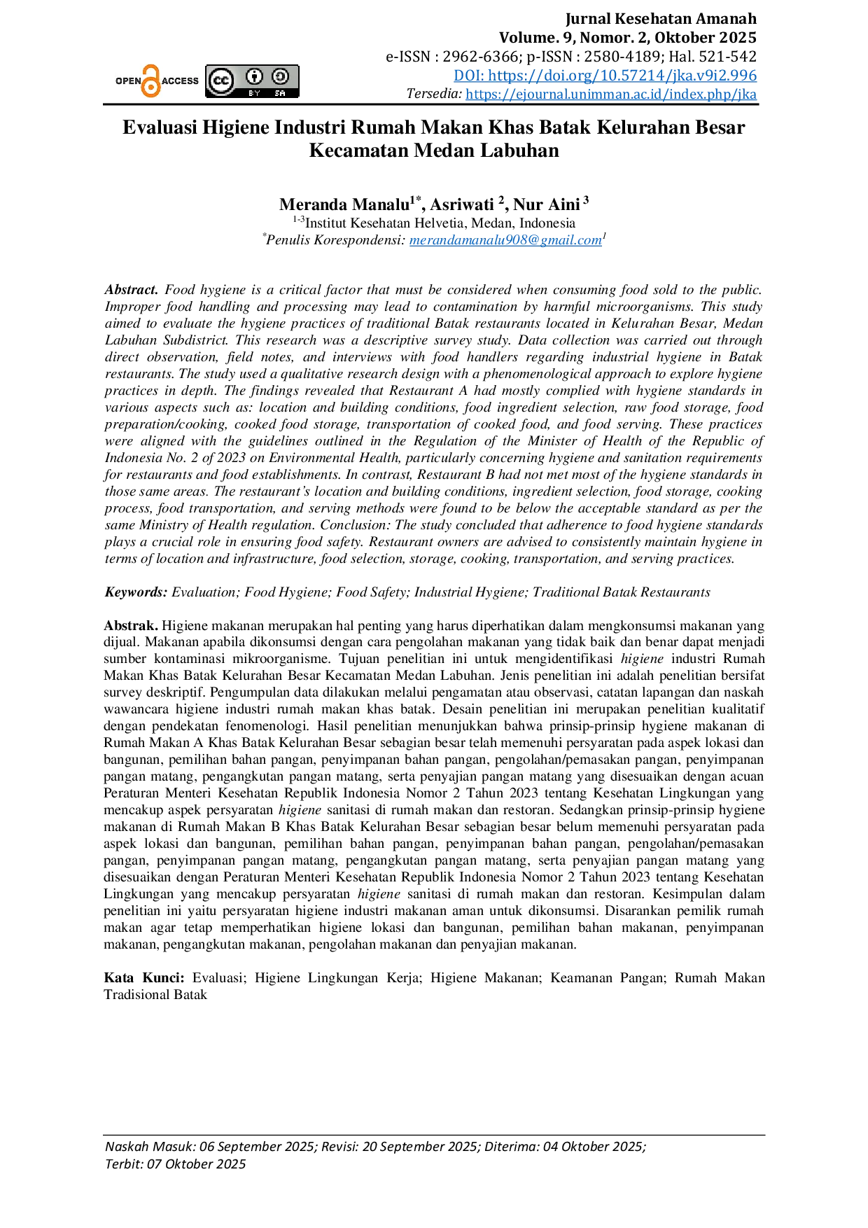JURIS Evaluasi Higiene Industri Rumah Makan Khas Batak Kelurahan Besar Kecamatan Medan Labuhan