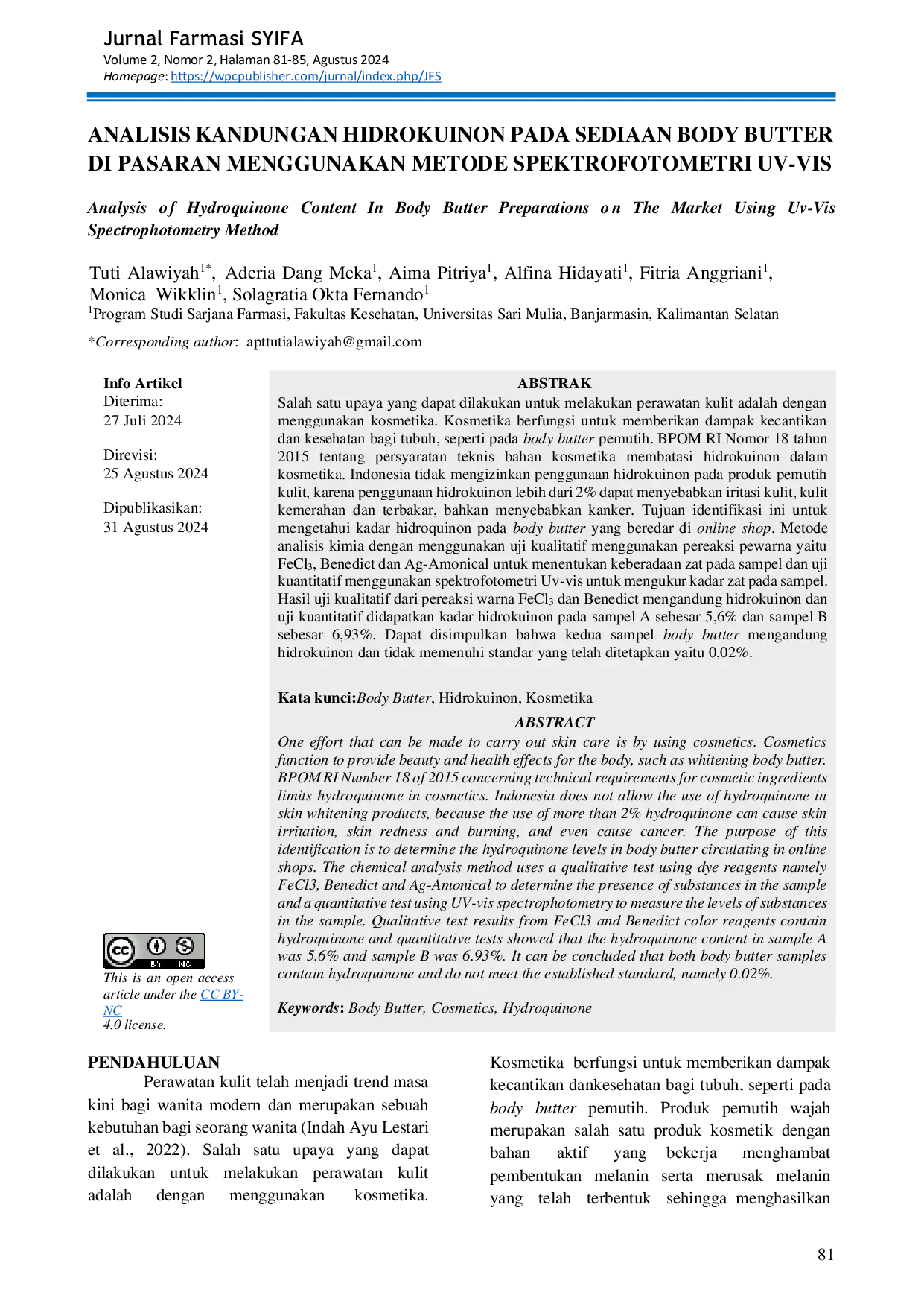 JURIS Analisis Kandungan Hidrokuinon Pada Sediaan Body Butter Di Pasaran Menggunakan Metode Spektrofotometri Uv Vis