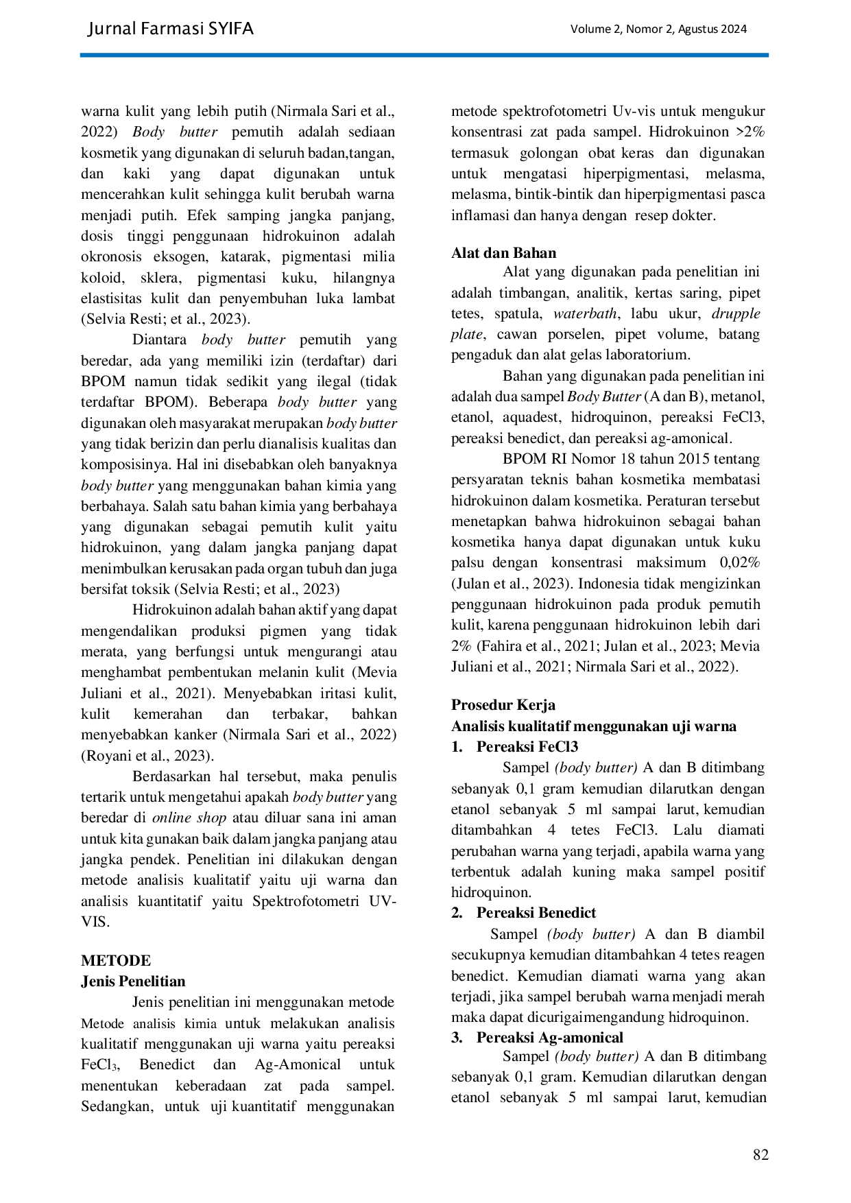 JURIS Analisis Kandungan Hidrokuinon Pada Sediaan Body Butter Di Pasaran Menggunakan Metode Spektrofotometri Uv Vis