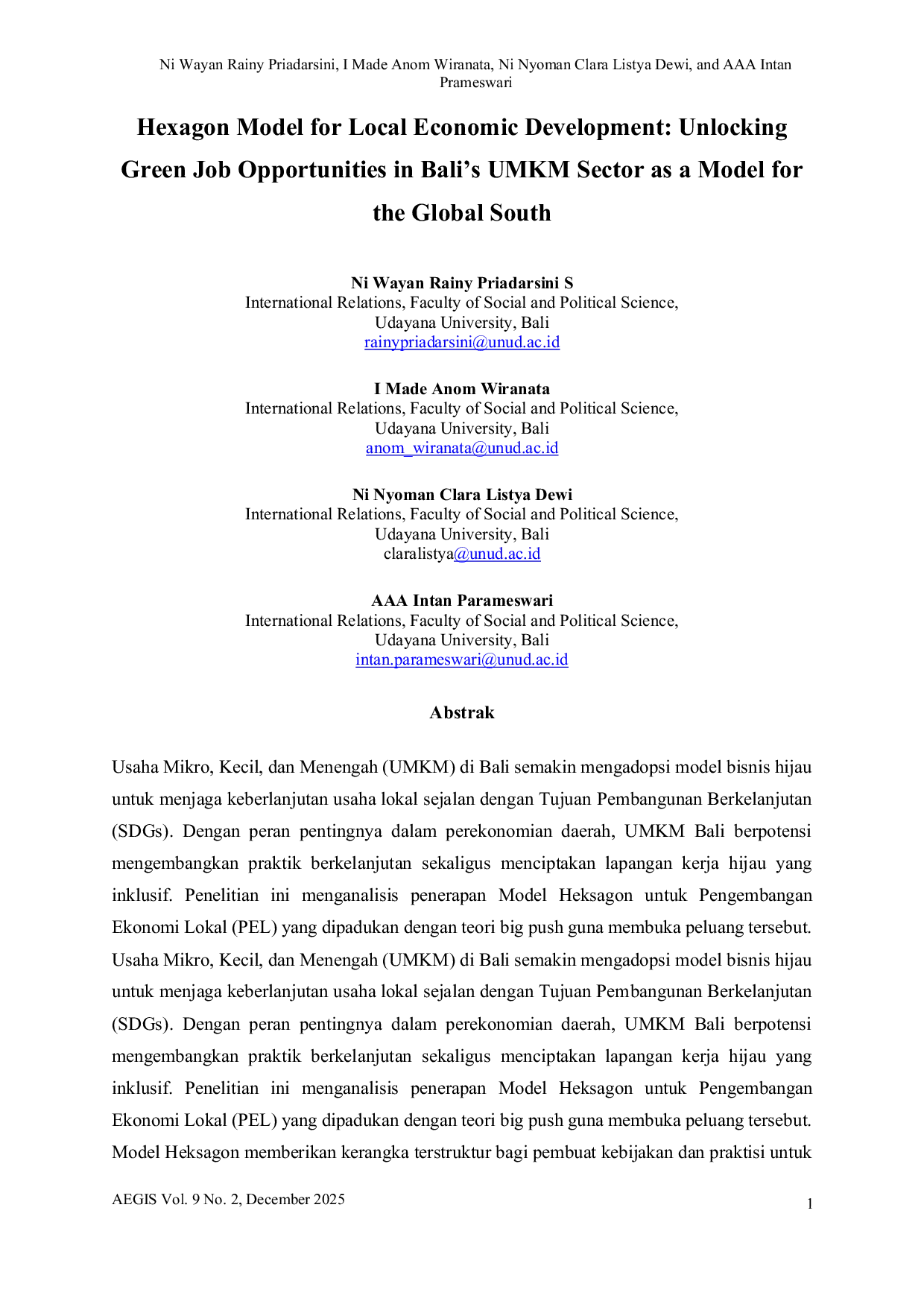 JURIS Hexagon Model for Local Economic Development Unlocking Green Job Opportunities in Bali s UMKM Sector as a Model for the Global South