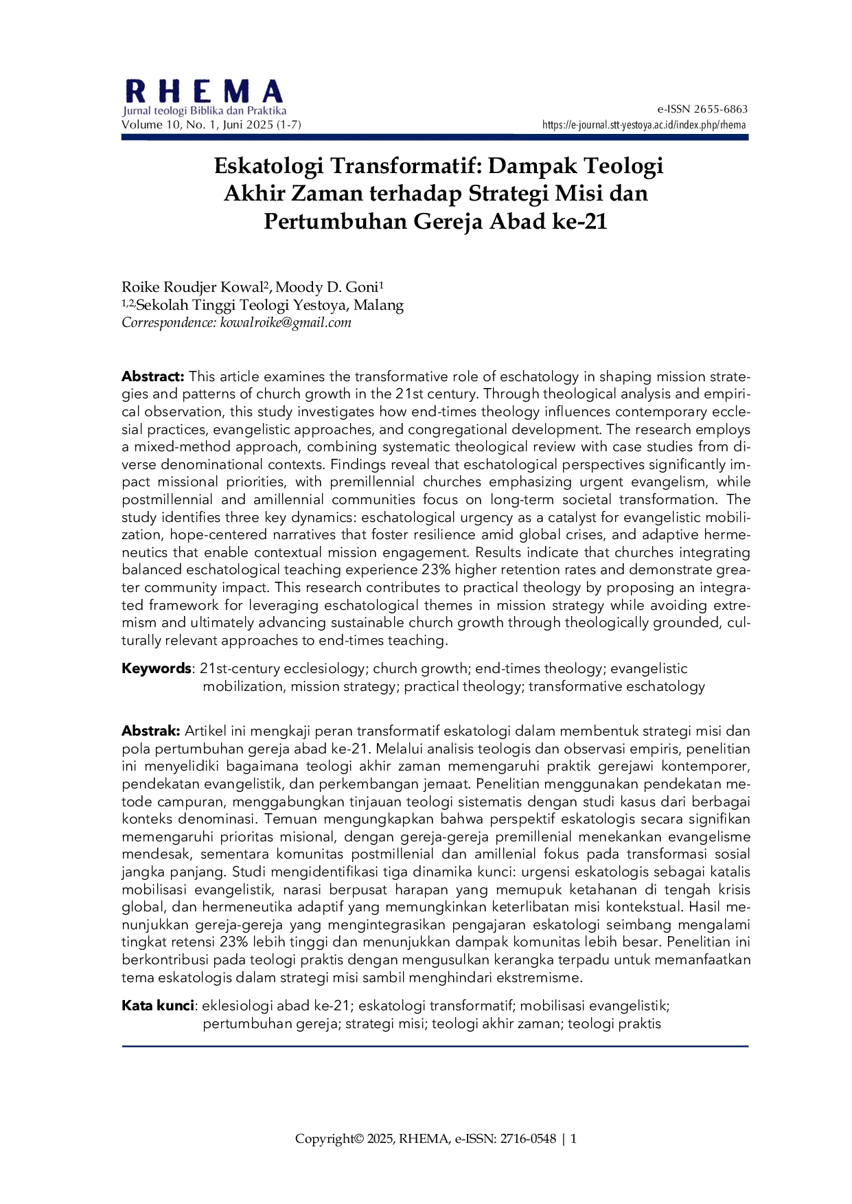JURIS Eskatologi Transformatif Dampak Teologi Akhir Zaman terhadap Strategi Misi dan Pertumbuhan Gereja Abad ke 21
