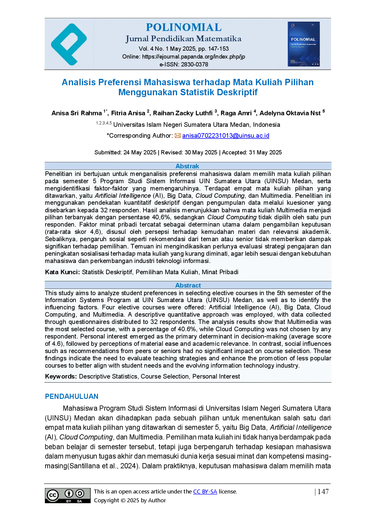 juris Analisis Preferensi Mahasiswa terhadap Mata Kuliah Pilihan Menggunakan Statistik Deskriptif