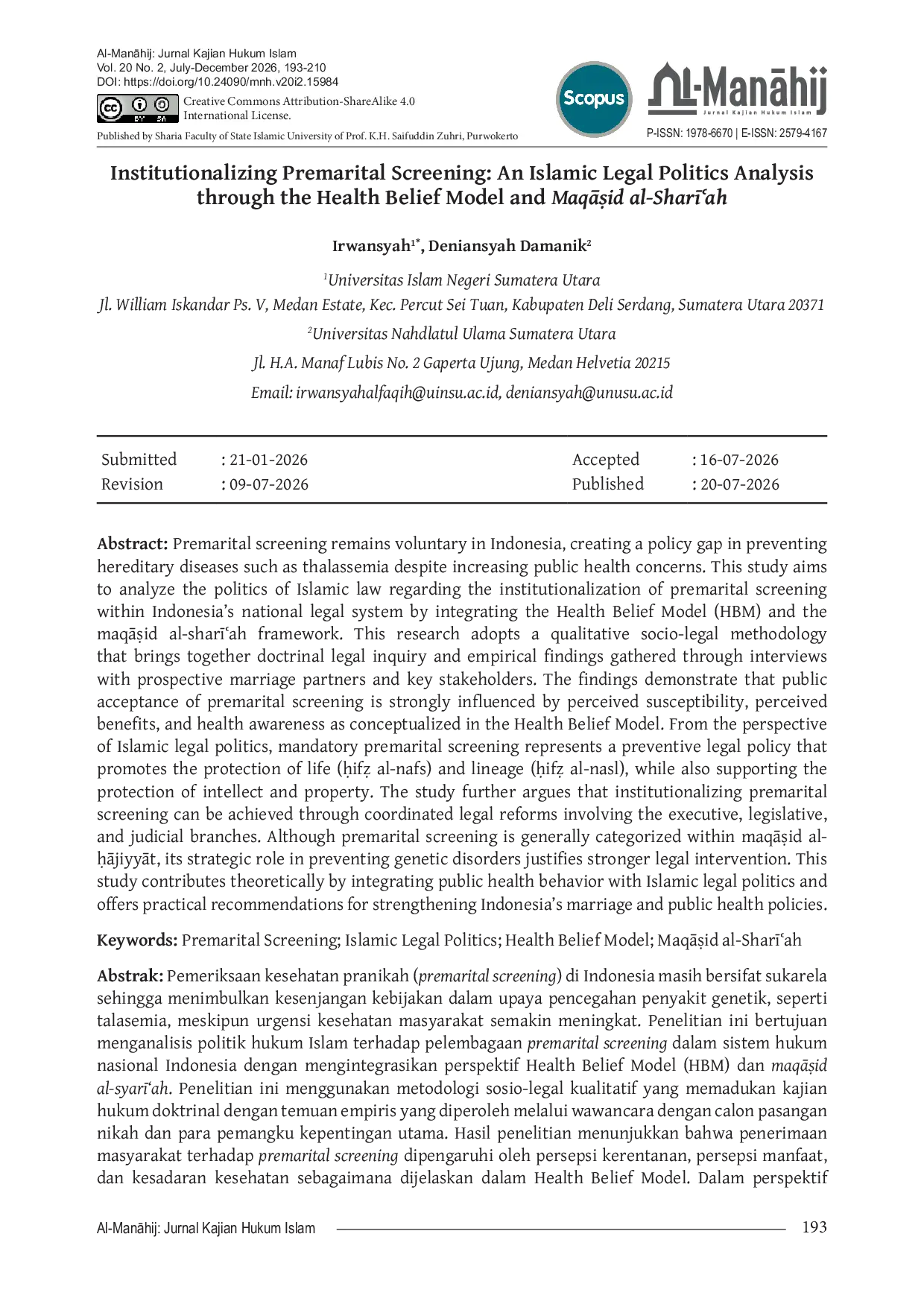 JURIS Institutionalizing Premarital Screening An Islamic Legal Politics Analysis through the Health Belief Model and MaqAid al Sharah
