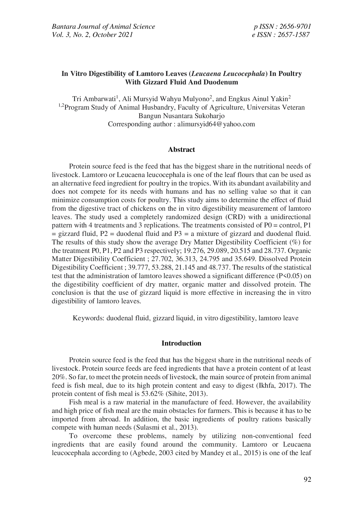 JURIS In Vitro Digestibility of Lamtoro Leaves Leucaena Leucocephala In Poultry With Gizzard Fluid And Duodenum
