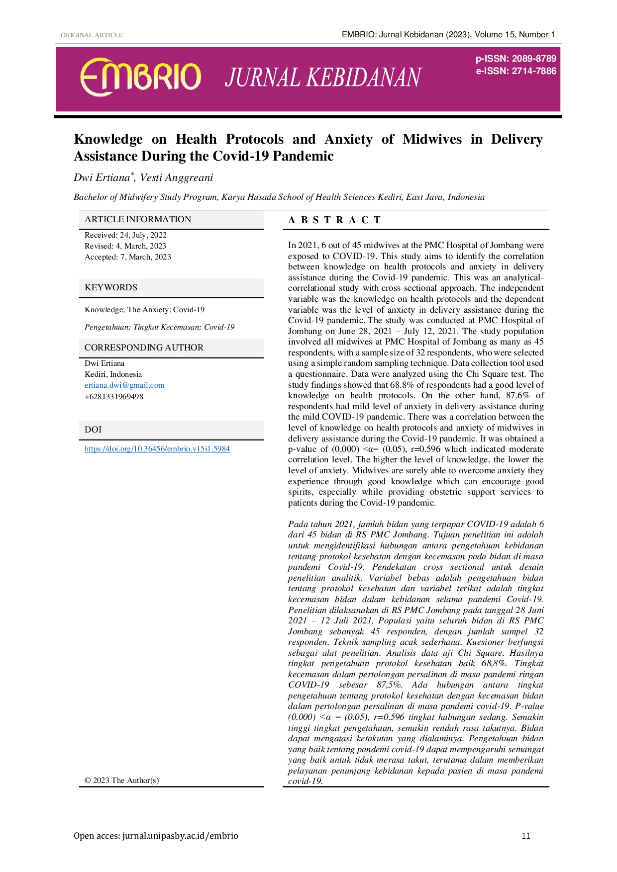 JURIS Knowledge on Health Protocols and Anxiety of Midwives in Delivery Assistance During the Covid 19 Pandemic