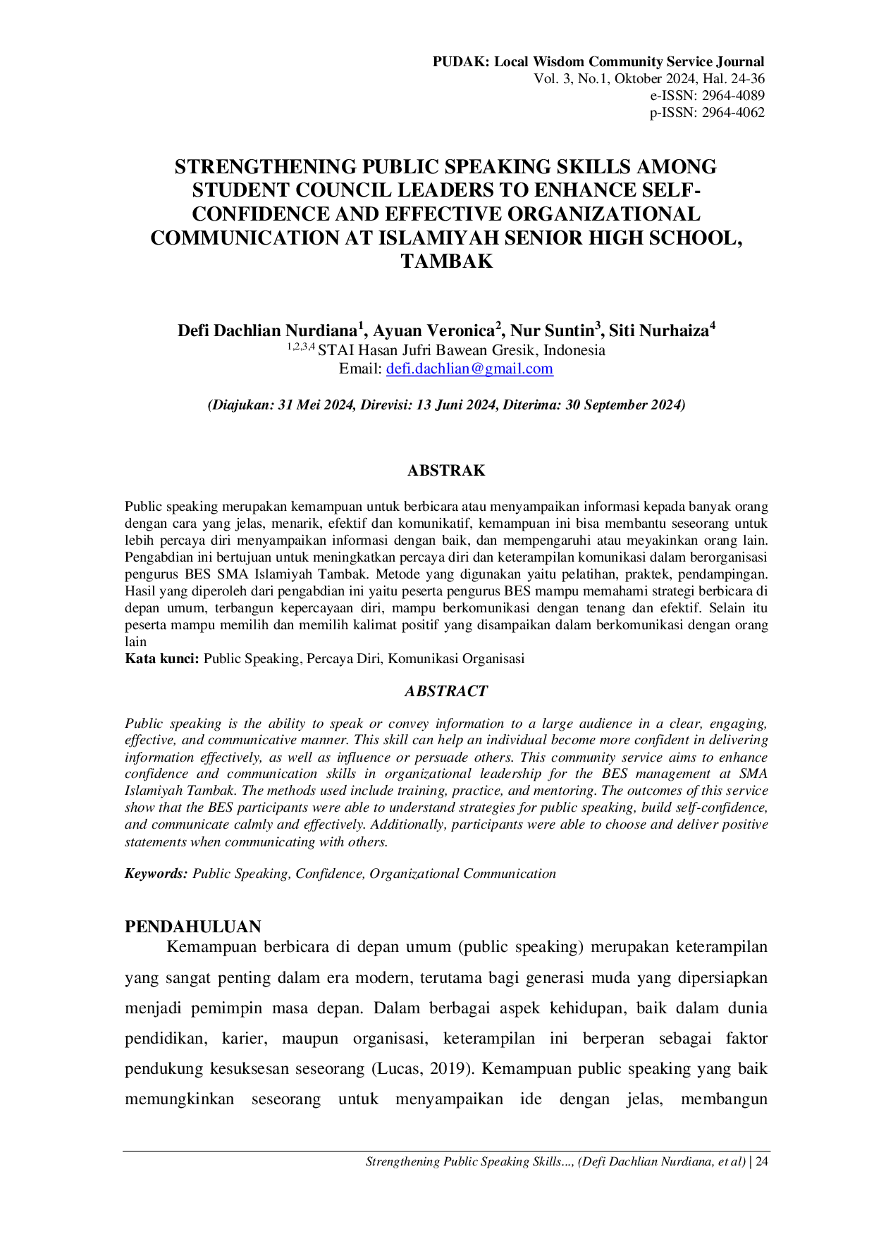 JURIS Strengthening Public Speaking Skills Among Student Council Leaders To Enhance Self Confidence And Effective Organizational Communication At Islamiyah Senior High School Tambak