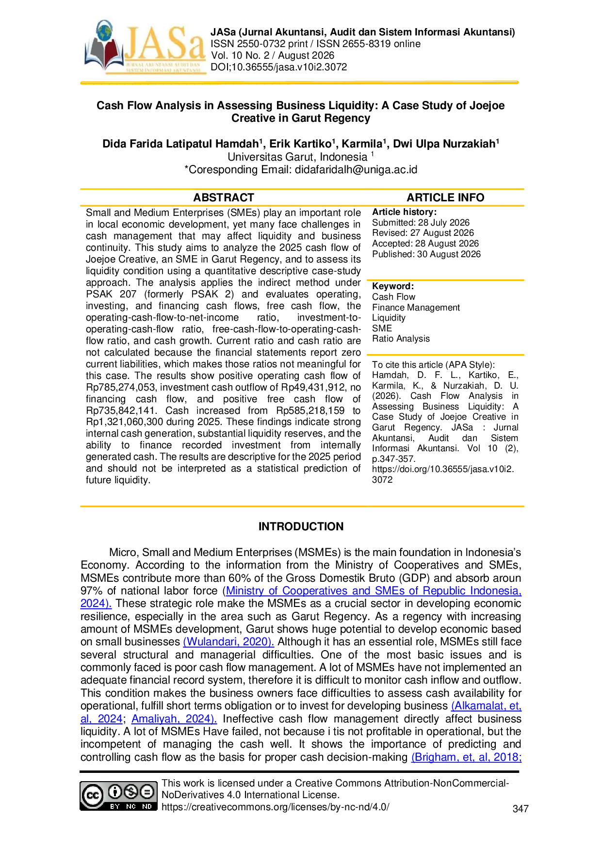 JURIS Cash Flow Analysis in Assessing Business Liquidity A Case Study of Joejoe Creative in Garut Regency