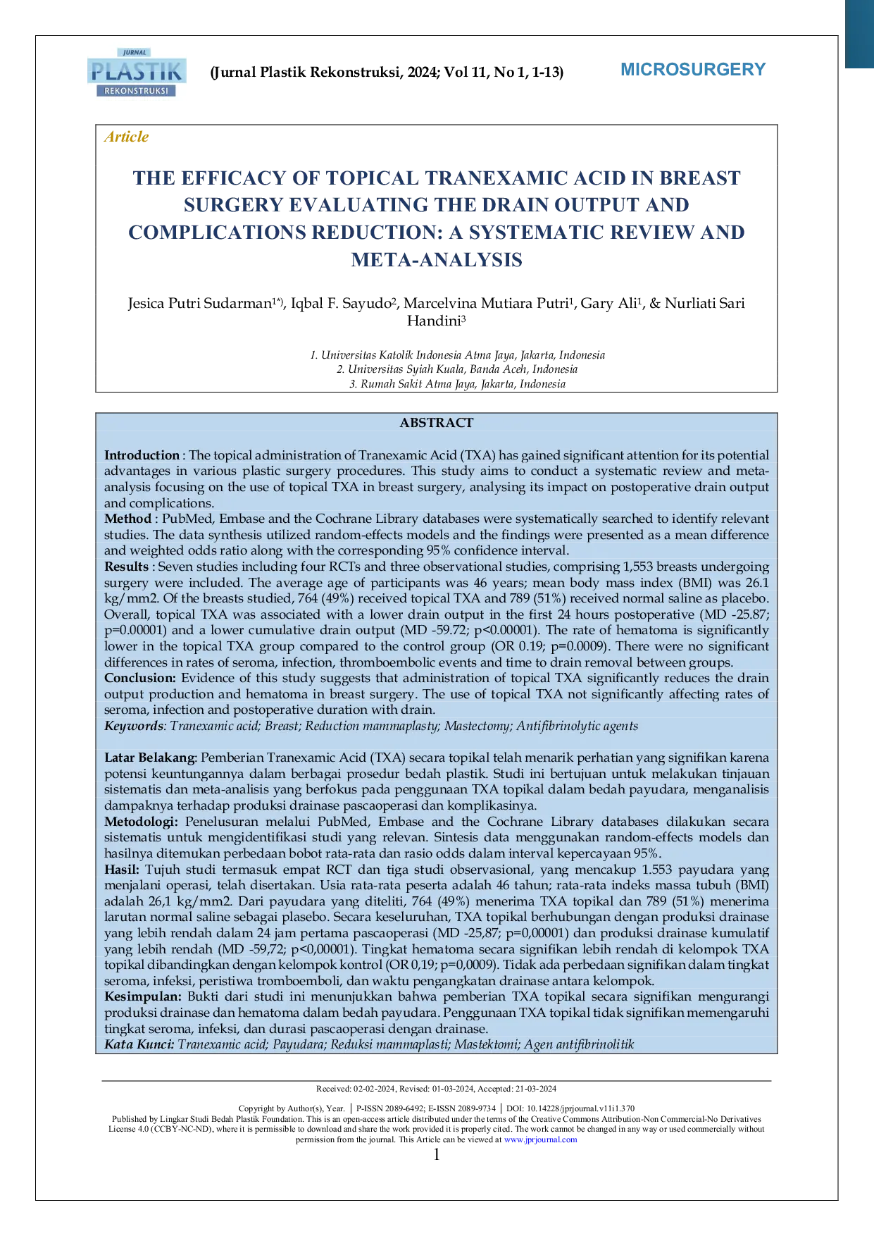 JURIS The Efficacy of Topical Tranexamic Acid in Breast Surgery Evaluating The Drain Output and Complications Reduction A Systematic Review and Meta Analysis