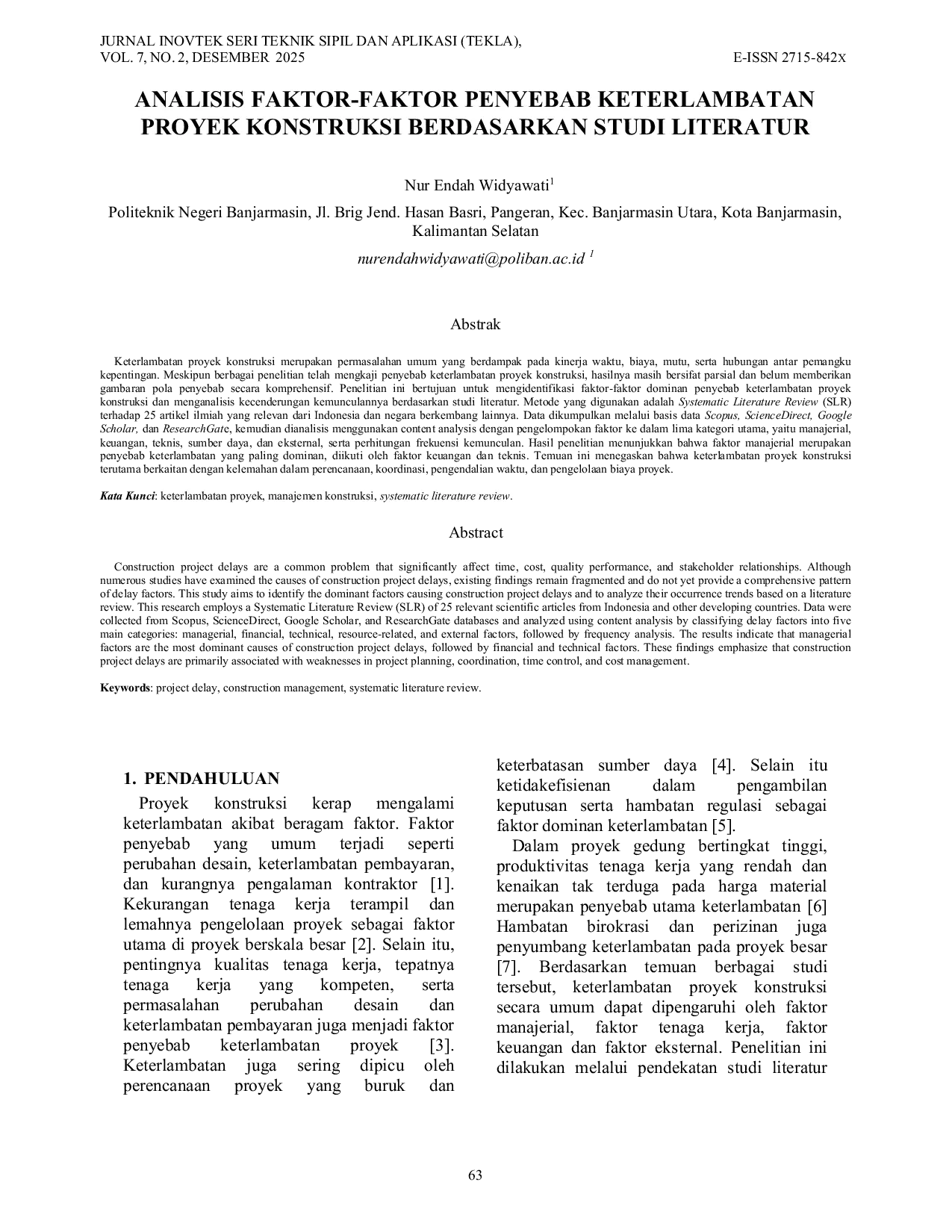 JURIS Analisis Faktor Faktor Penyebab Keterlambatan Proyek Konstruksi Berdasarkan Studi Literatur